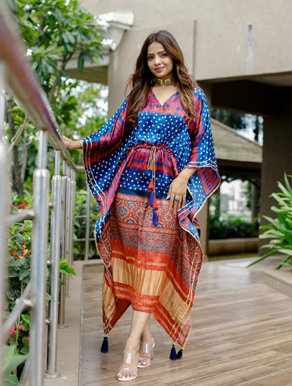 Boho-Chic Printed Satin Kaftan with Tassels