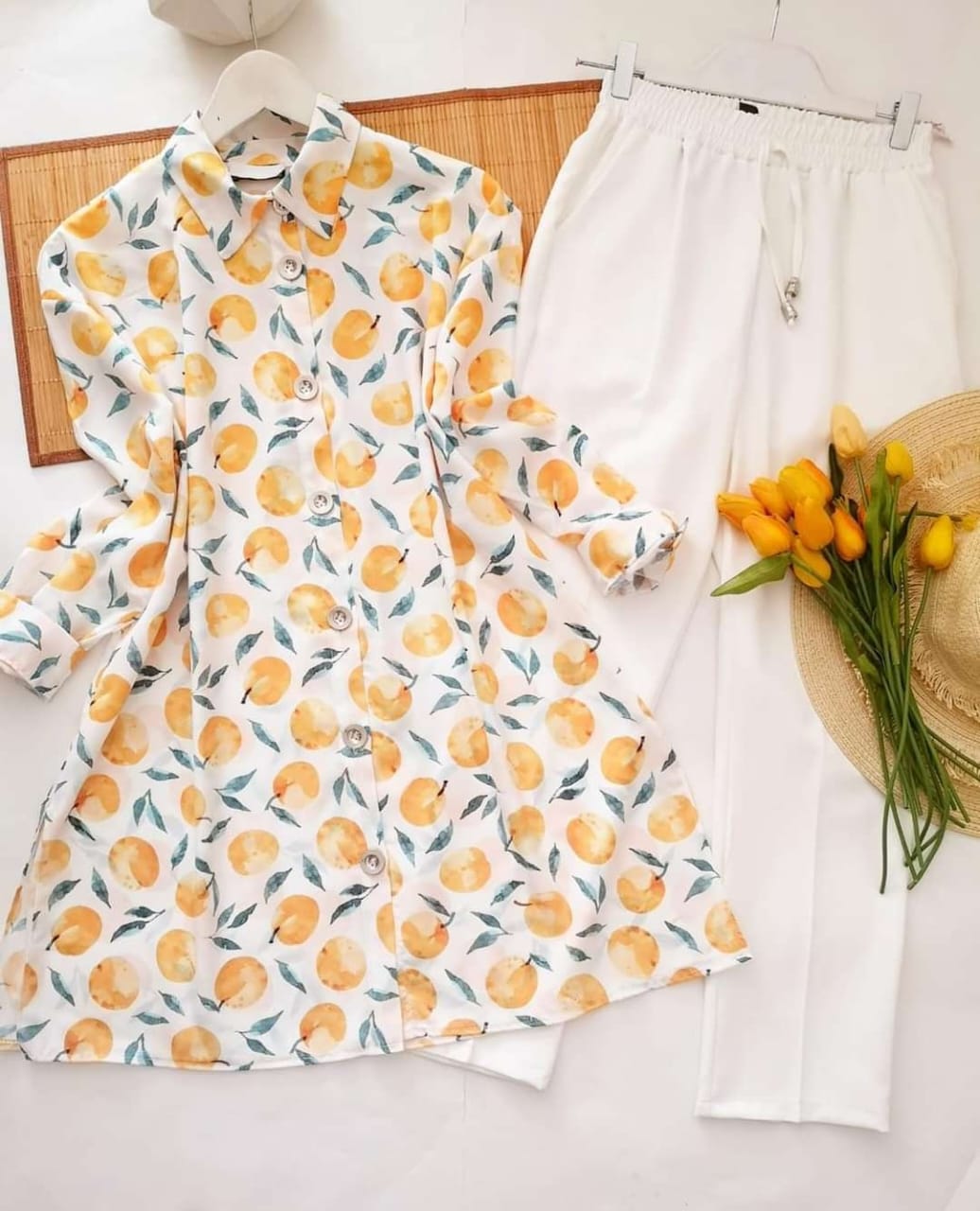 Orange and Leaf Print Kurti with White Lycra Plazzo Set