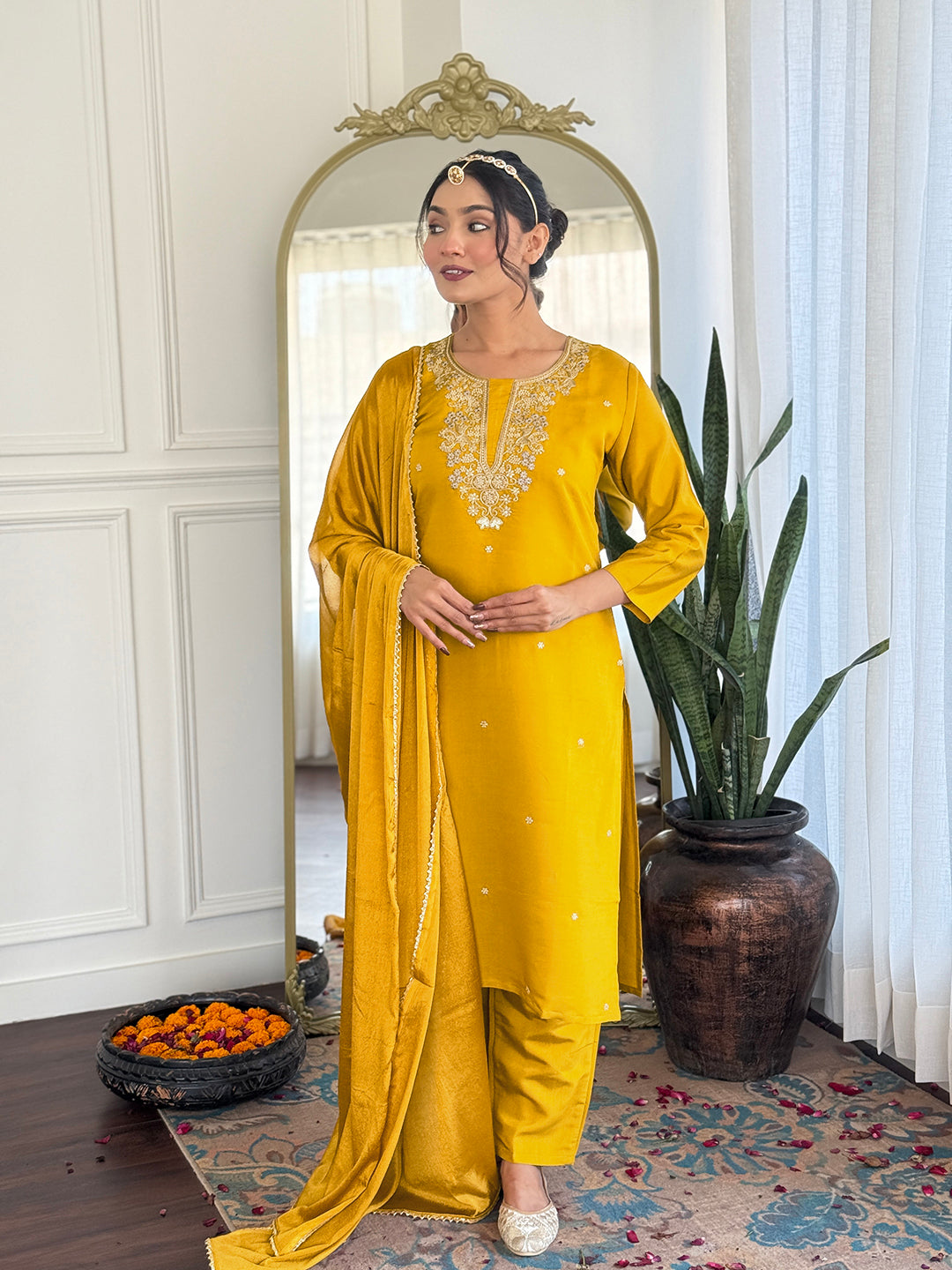 Mustard Yellow Embroidered Chanderi Suit Set