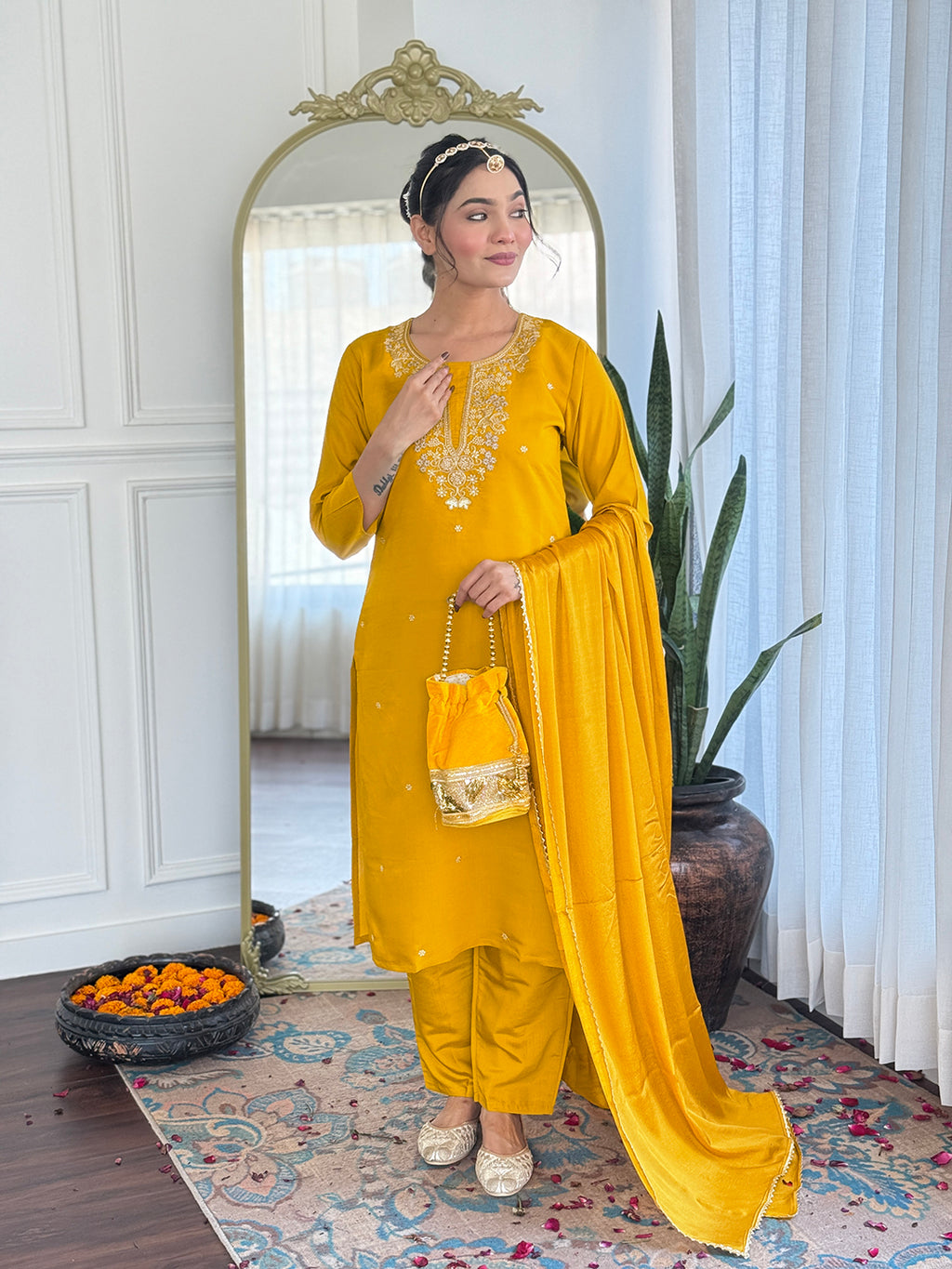 Mustard Yellow Embroidered Chanderi Suit Set