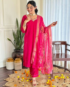 Gajri Pink Viscose Chanderi Embroidered Kurta Set with Jacquard Butti Dupatta