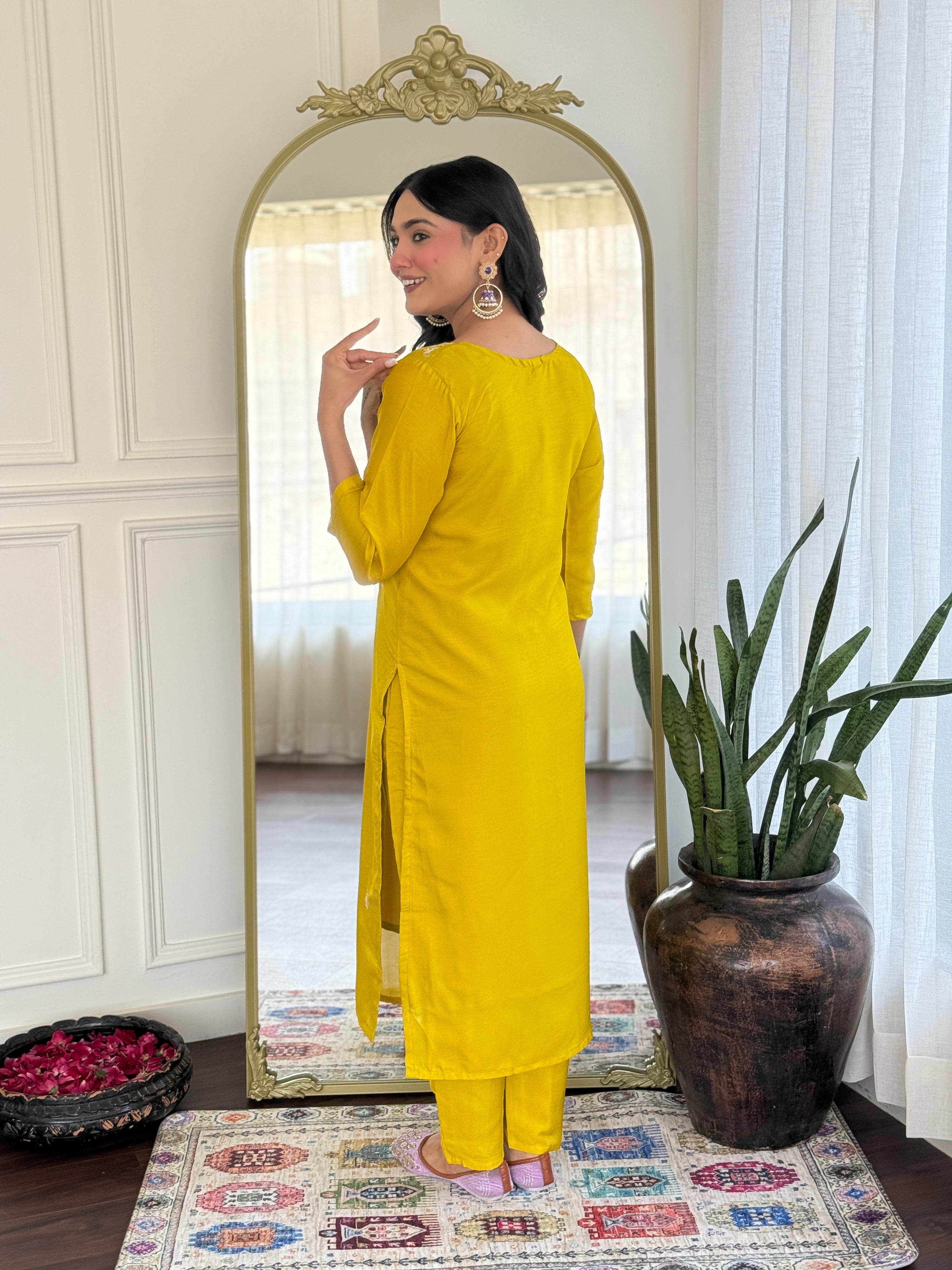 Mustard Vichitra Silk Embroidered Suit with Purple Digital Print Dupatta