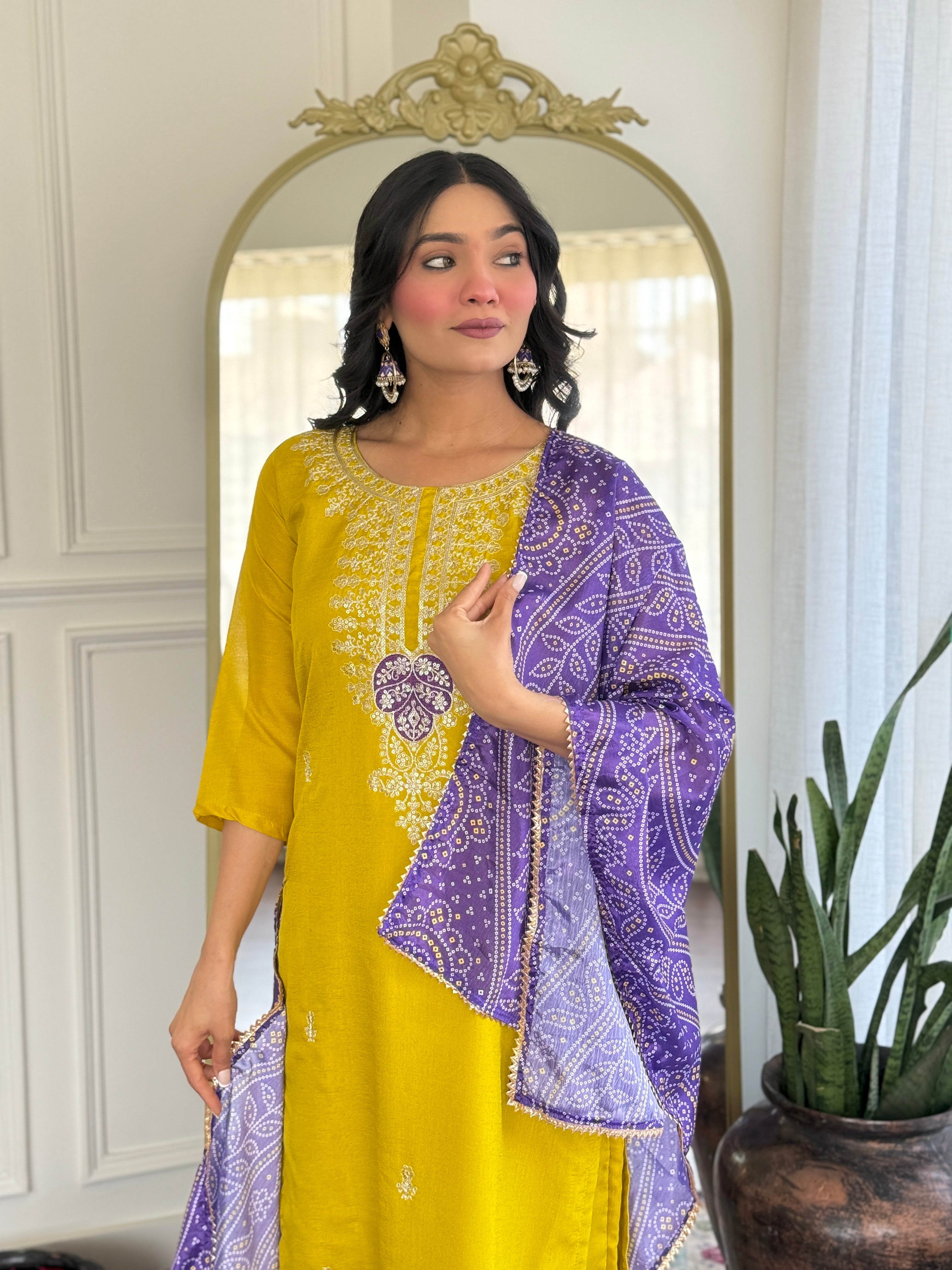 Mustard Vichitra Silk Embroidered Suit with Purple Digital Print Dupatta