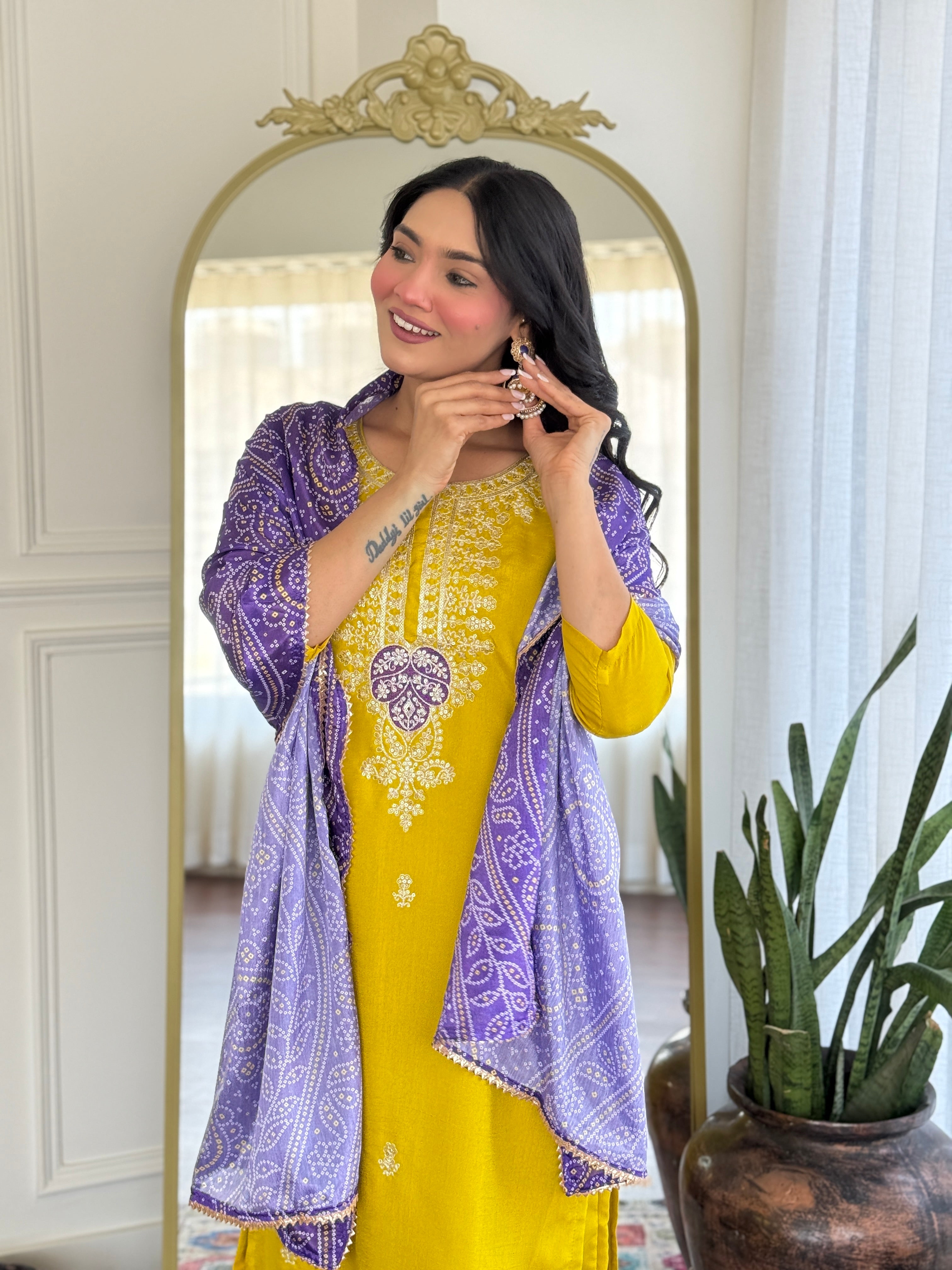 Mustard Vichitra Silk Embroidered Suit with Purple Digital Print Dupatta