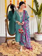 Embroidered Teal Kurta Set with Printed Linen Dupatta