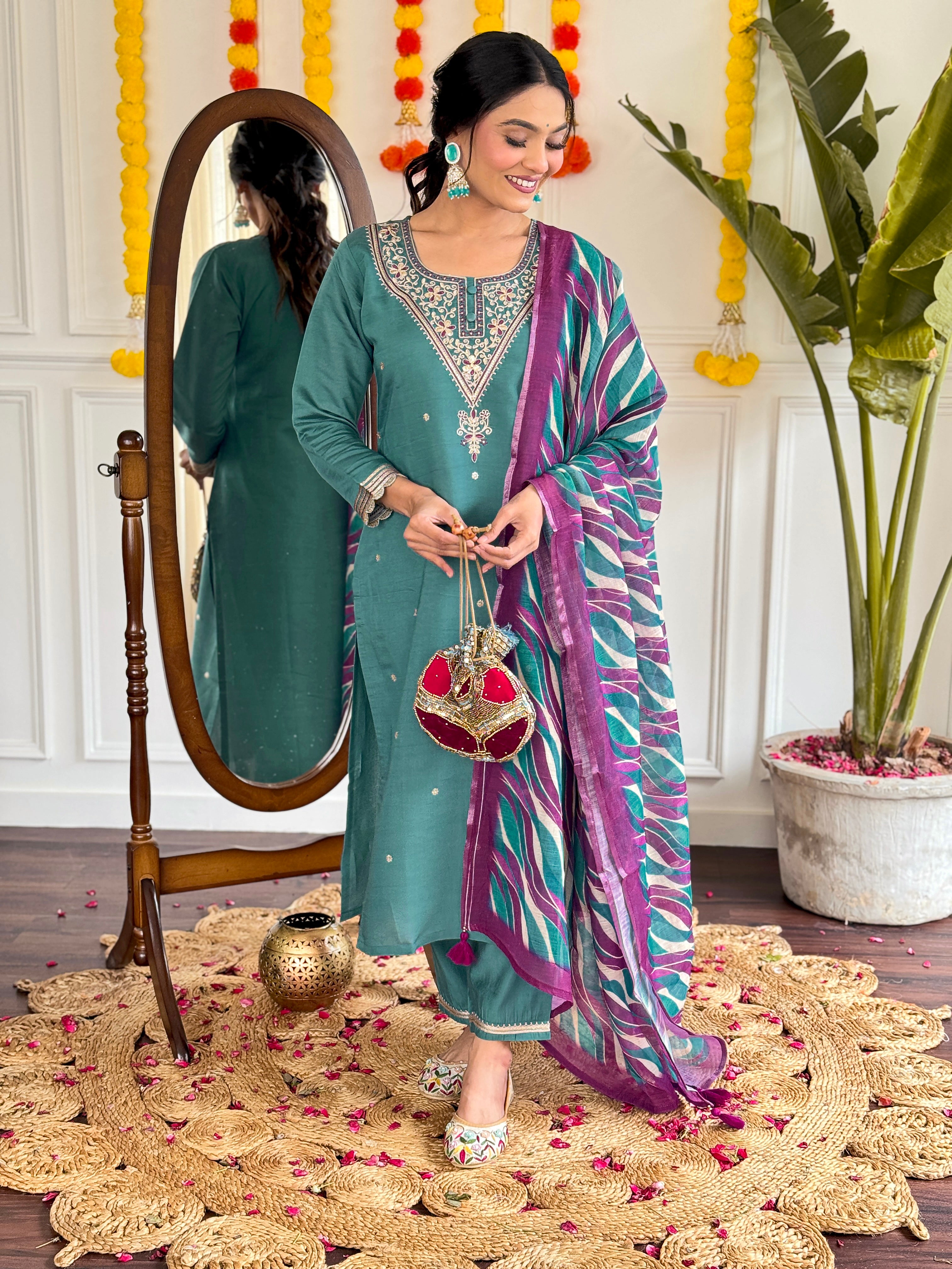Embroidered Teal Kurta Set with Printed Linen Dupatta