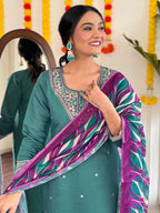 Embroidered Teal Kurta Set with Printed Linen Dupatta