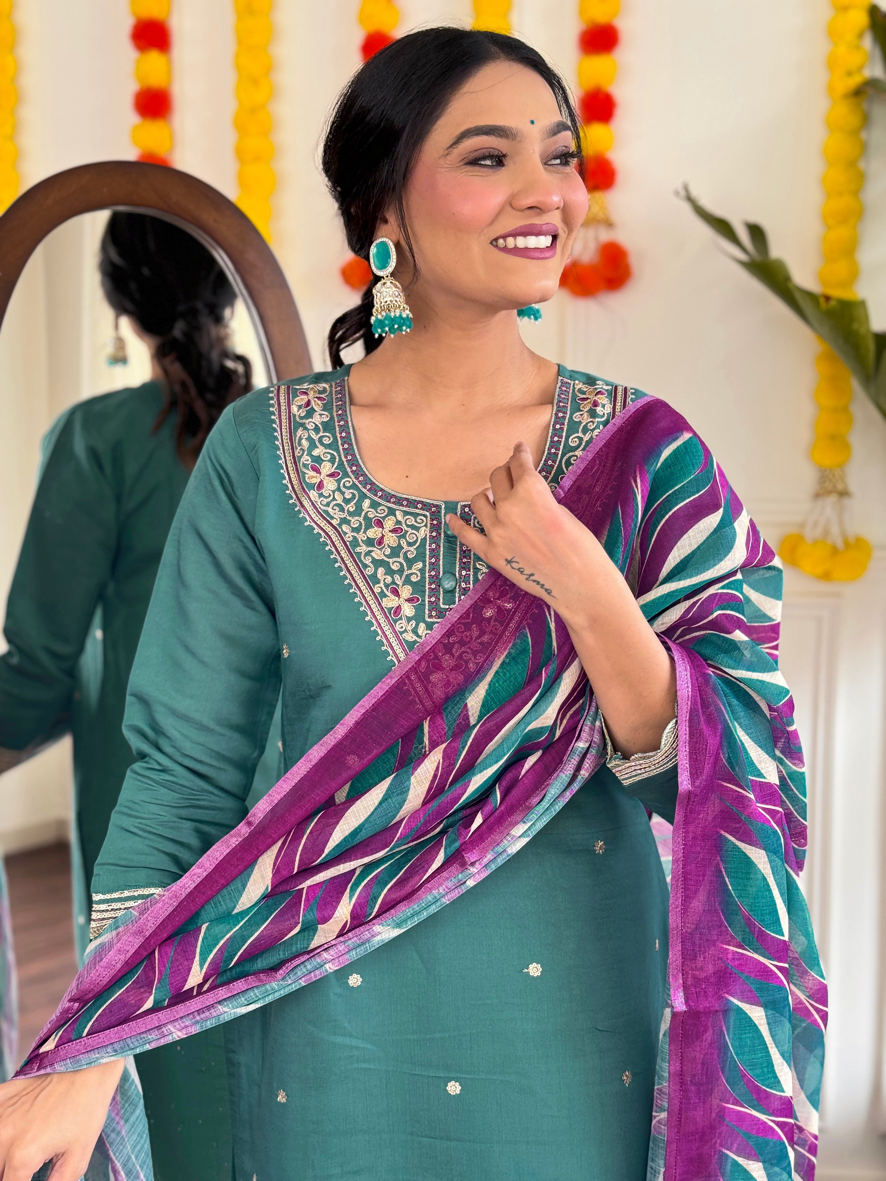 Embroidered Teal Kurta Set with Printed Linen Dupatta