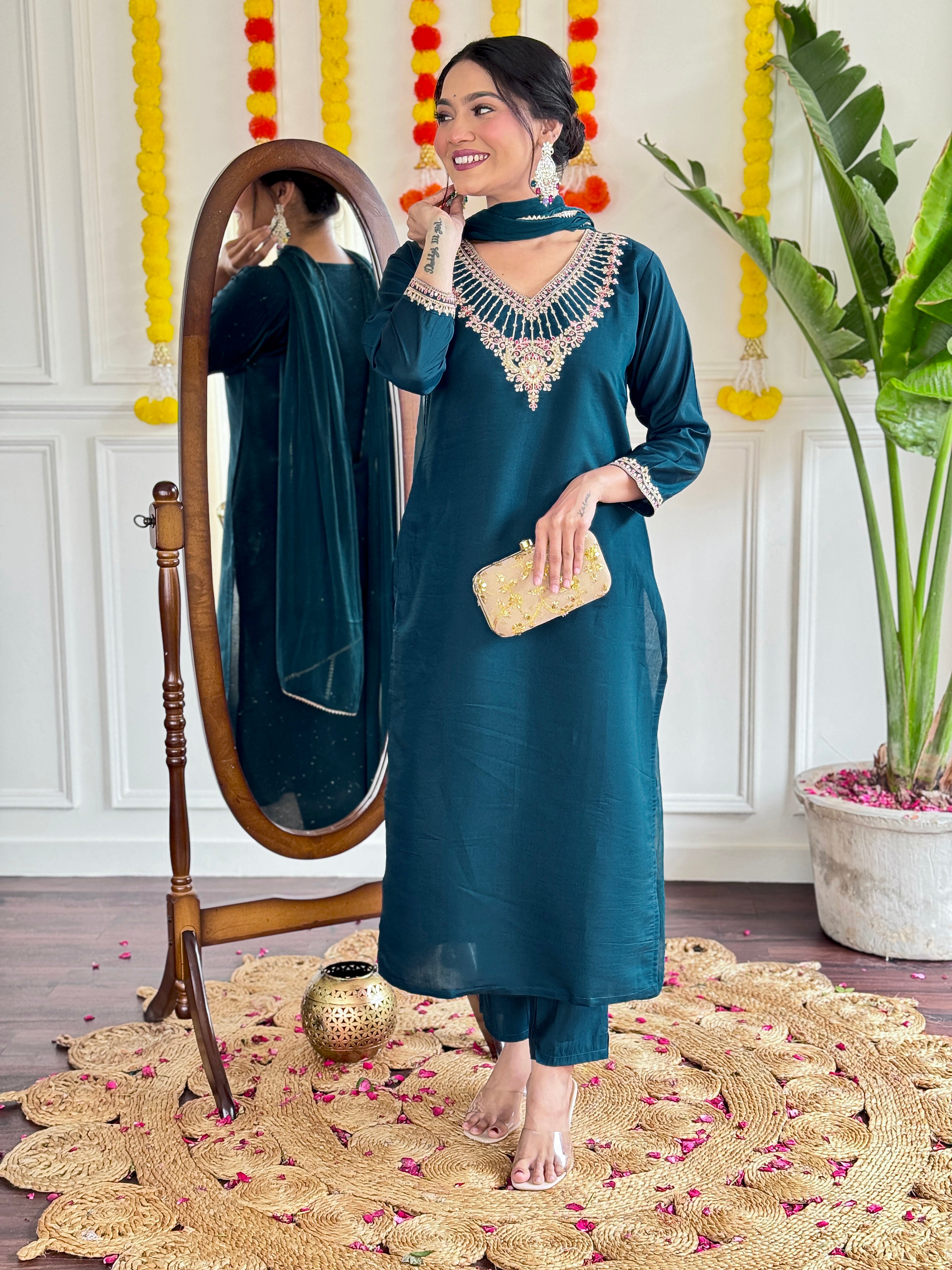 Embroidered Teal Kurta Set with Jacquard Dupatta