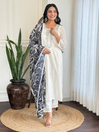White Embroidered Kurta Set with Marble Print Dupatta