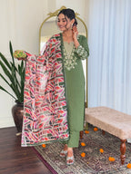 Olive Green Embroidered Chanderi Suit Set with Printed Dupatta