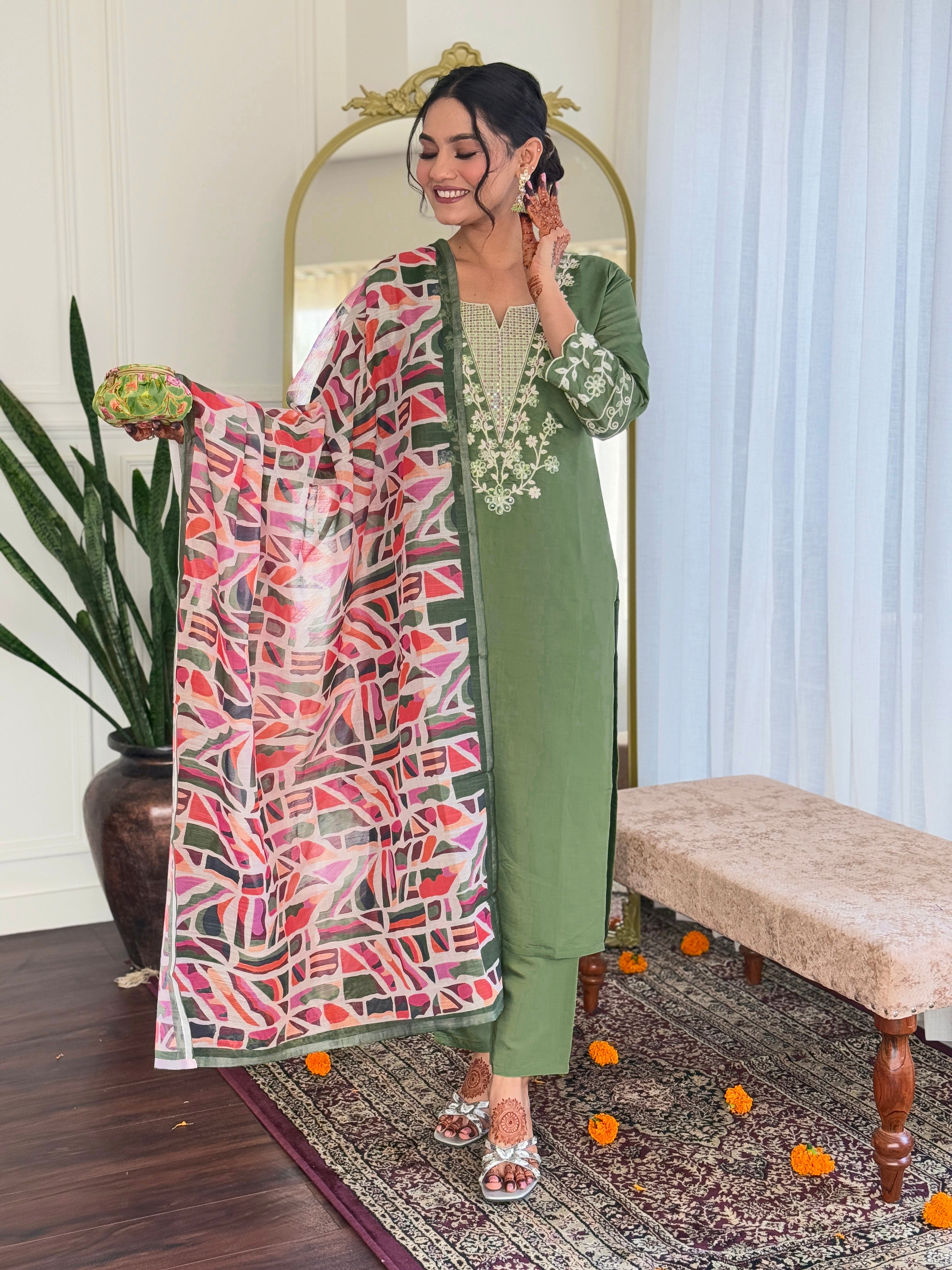 Olive Green Embroidered Chanderi Suit Set with Printed Dupatta