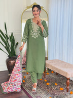 Olive Green Embroidered Chanderi Suit Set with Printed Dupatta