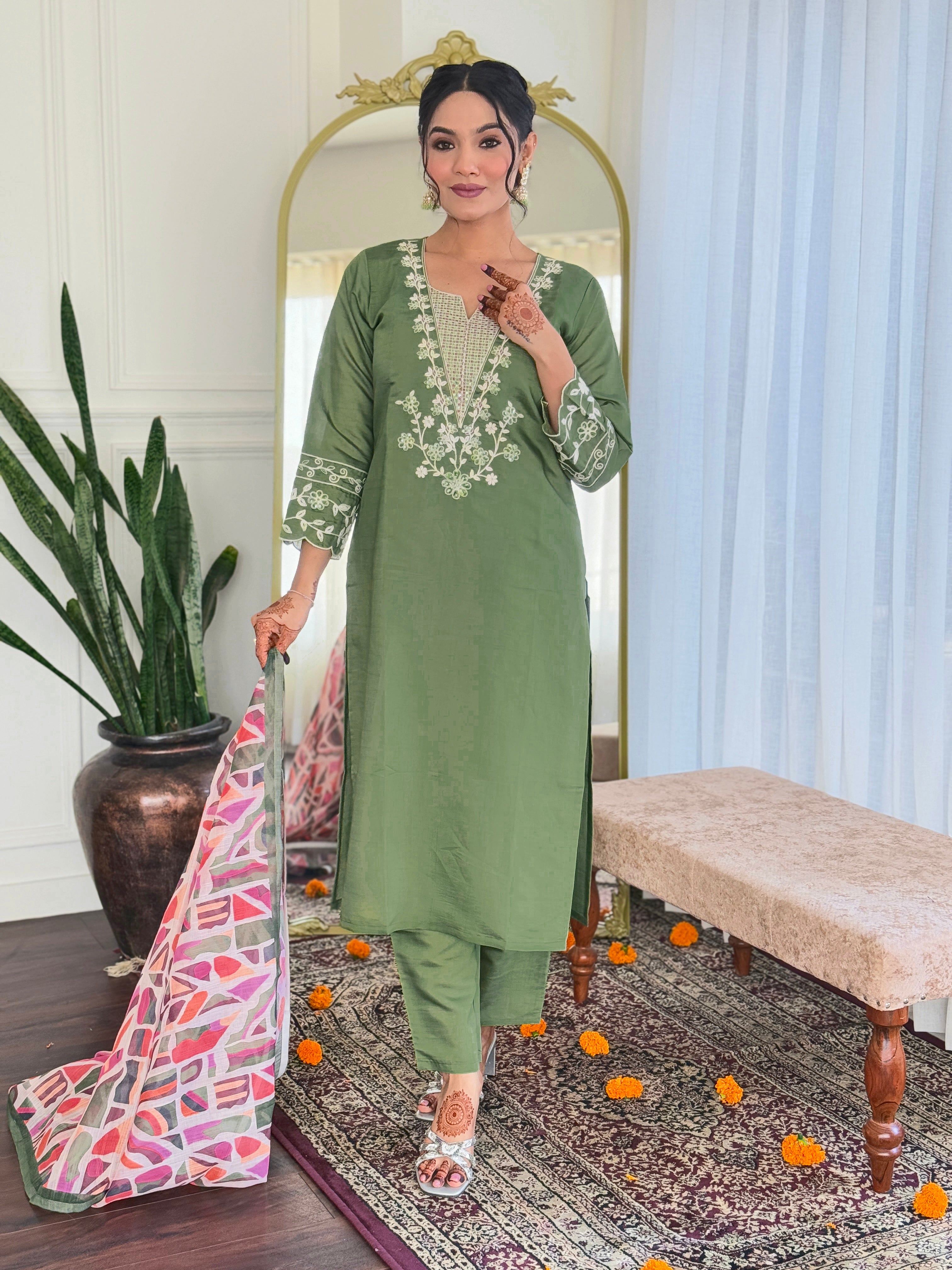 Olive Green Embroidered Chanderi Suit Set with Printed Dupatta