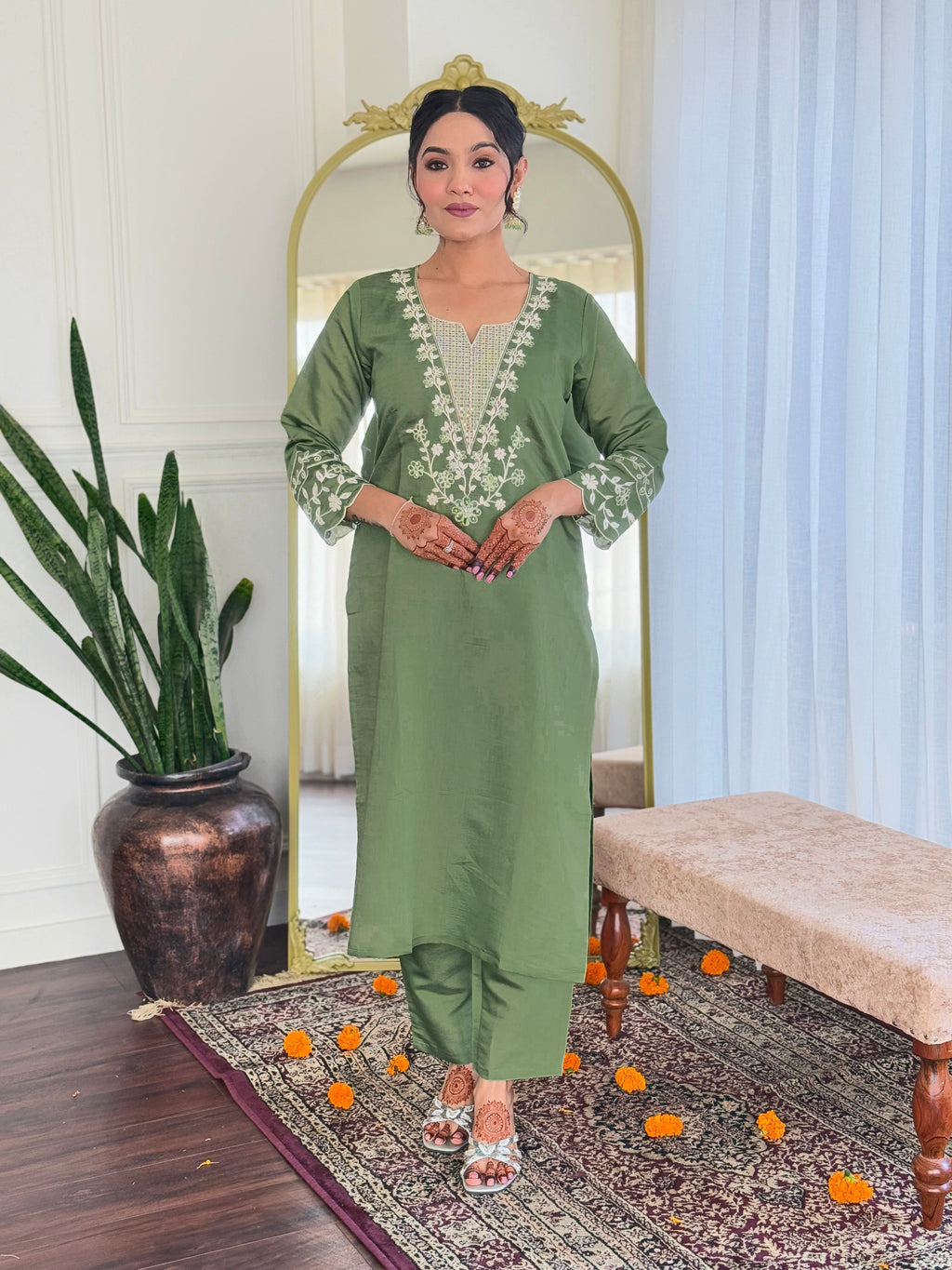 Olive Green Embroidered Chanderi Suit Set with Printed Dupatta