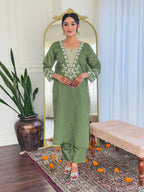 Olive Green Embroidered Chanderi Suit Set with Printed Dupatta