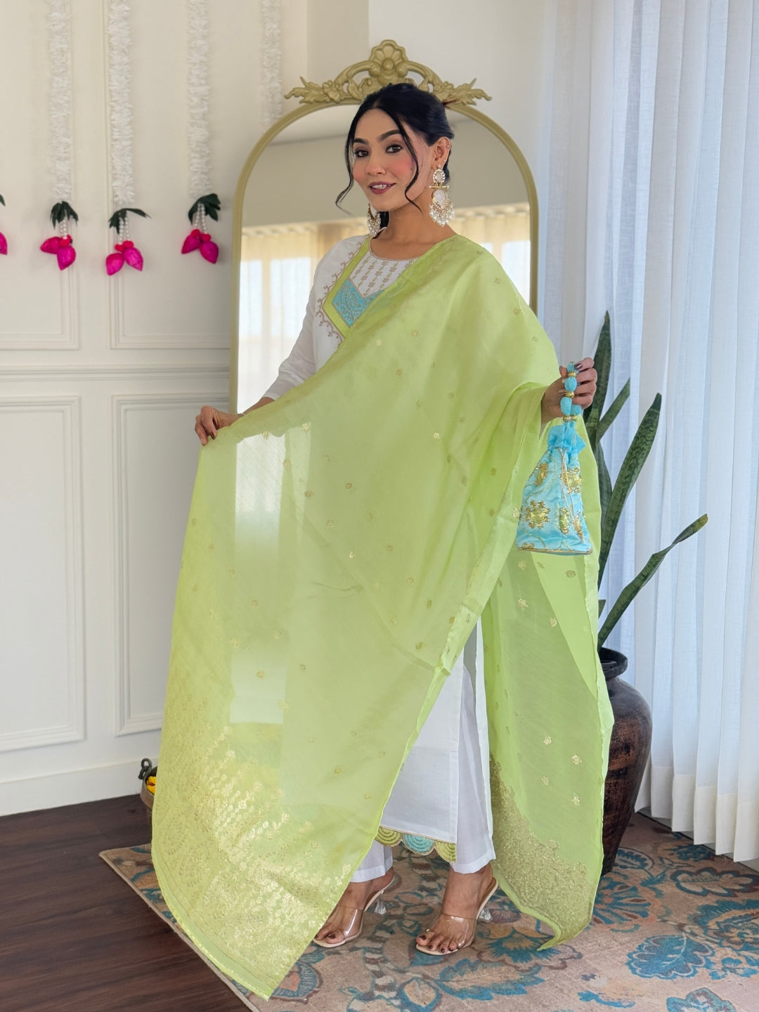 White Viscose Chanderi Embroidered Kurta Set with Green Jacquard Dupatta