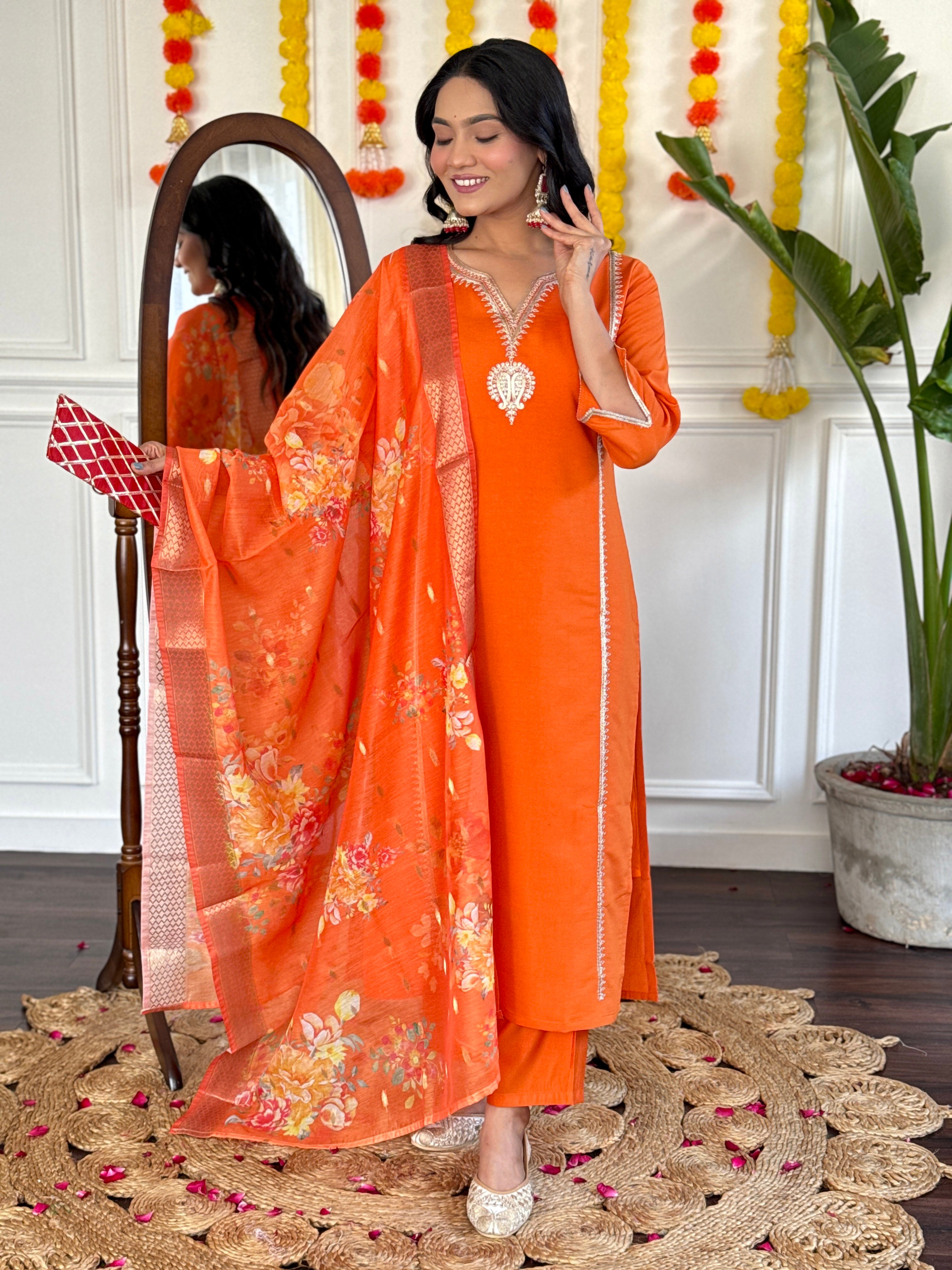 Stitched Orange Kurta Set with Printed Jacquard Dupatta