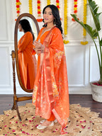 Stitched Orange Kurta Set with Printed Jacquard Dupatta