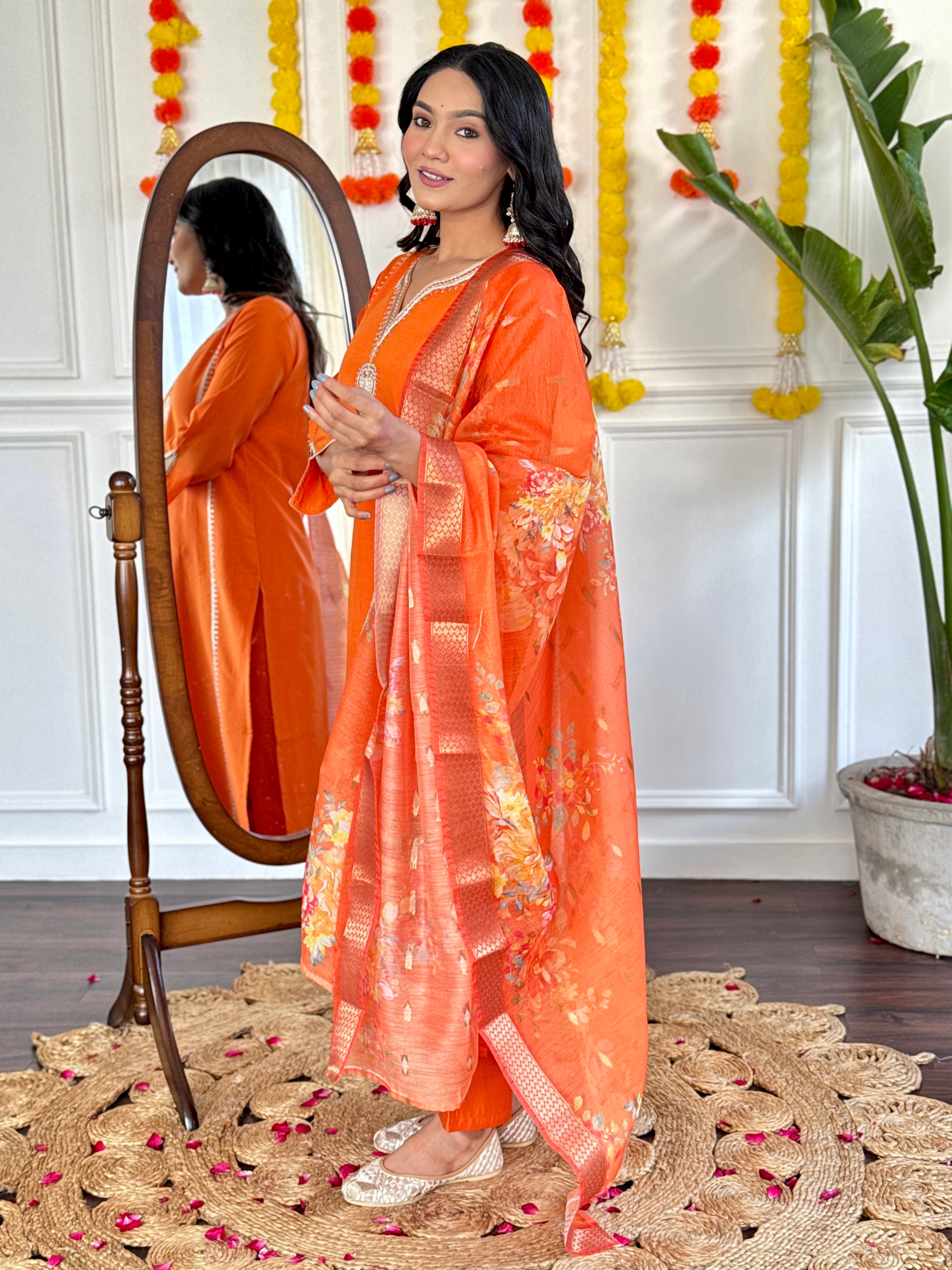 Stitched Orange Kurta Set with Printed Jacquard Dupatta