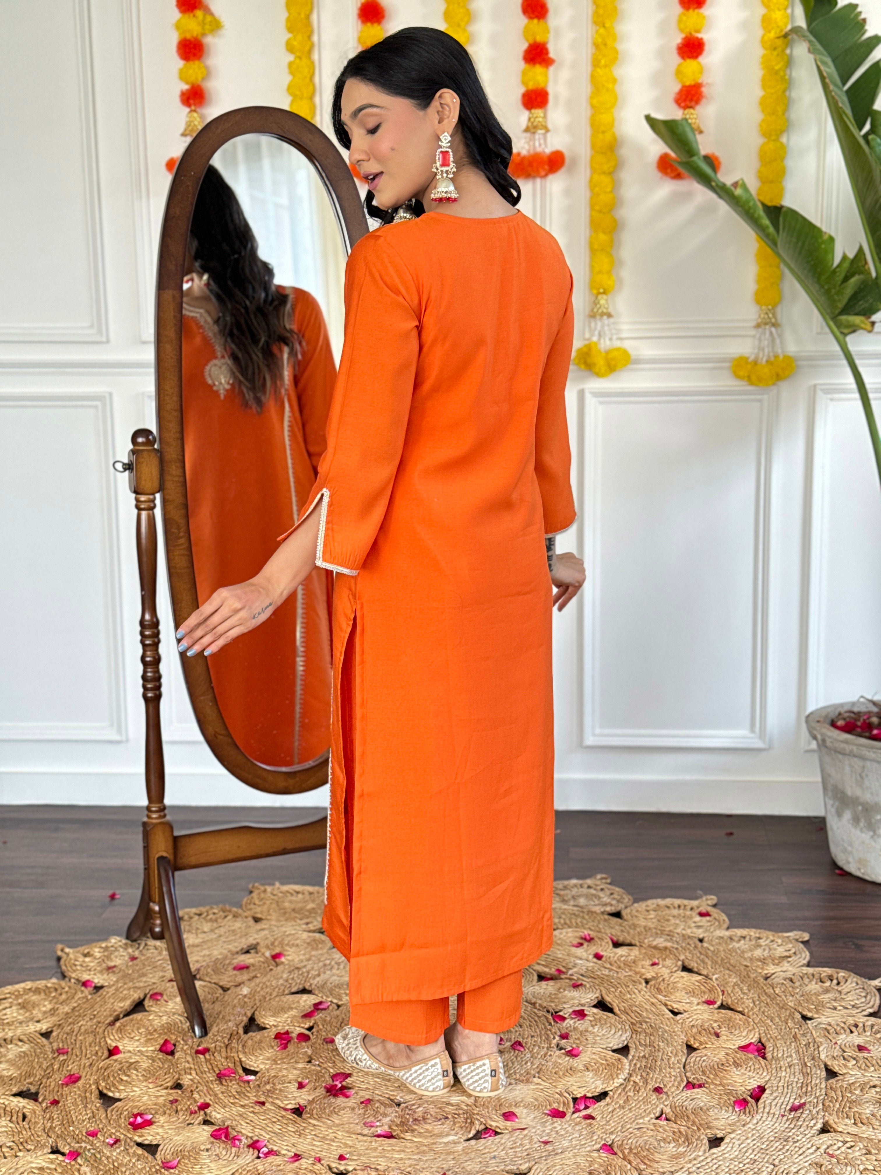 Stitched Orange Kurta Set with Printed Jacquard Dupatta