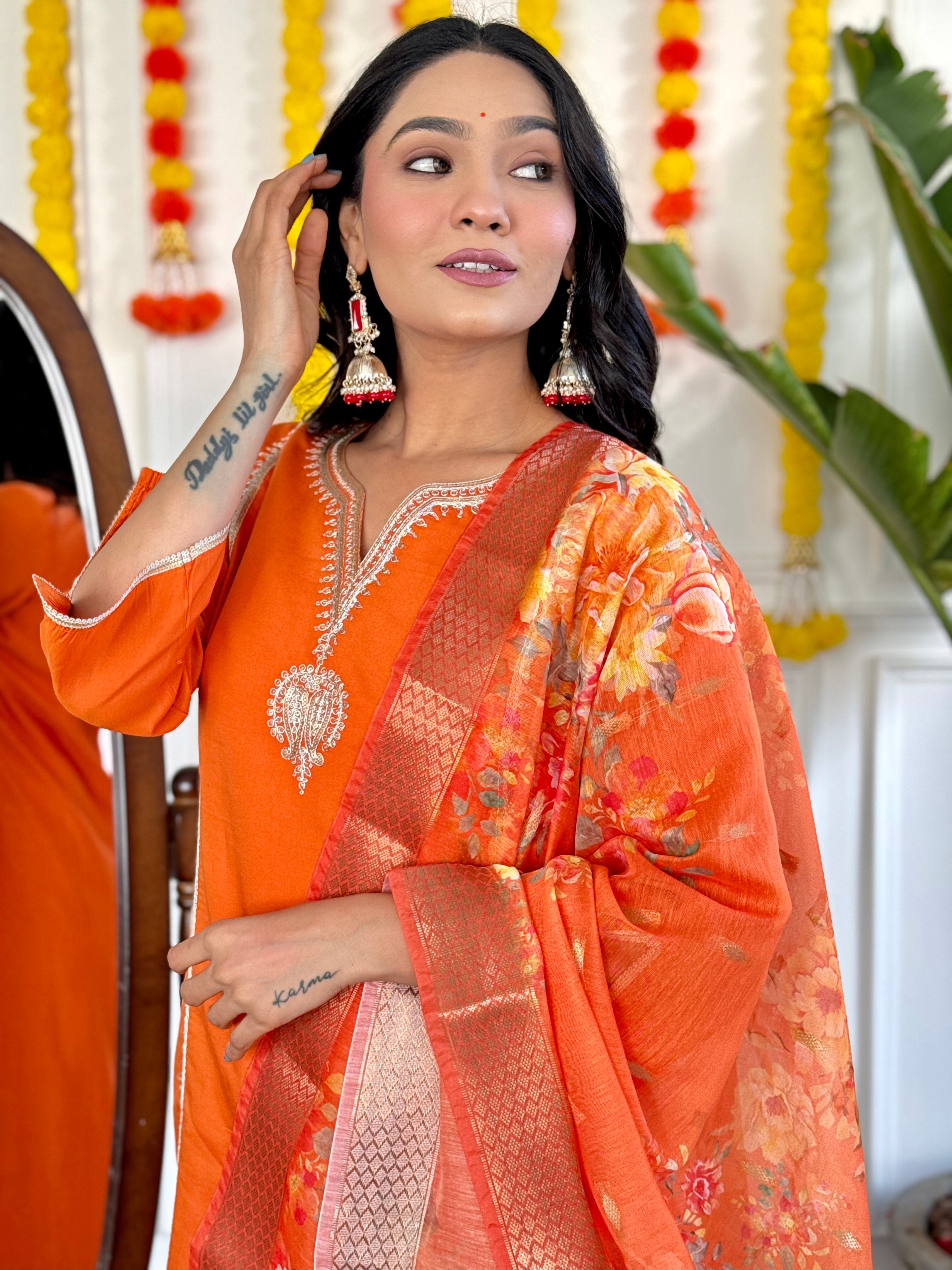 Stitched Orange Kurta Set with Printed Jacquard Dupatta