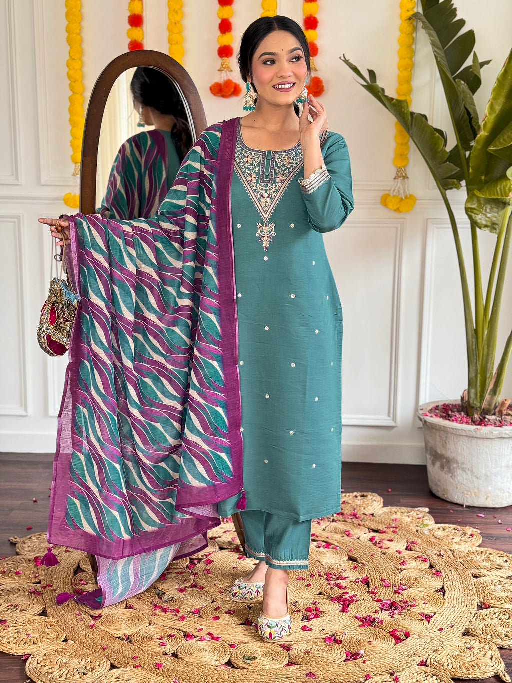 Embroidered Teal Kurta Set with Printed Linen Dupatta