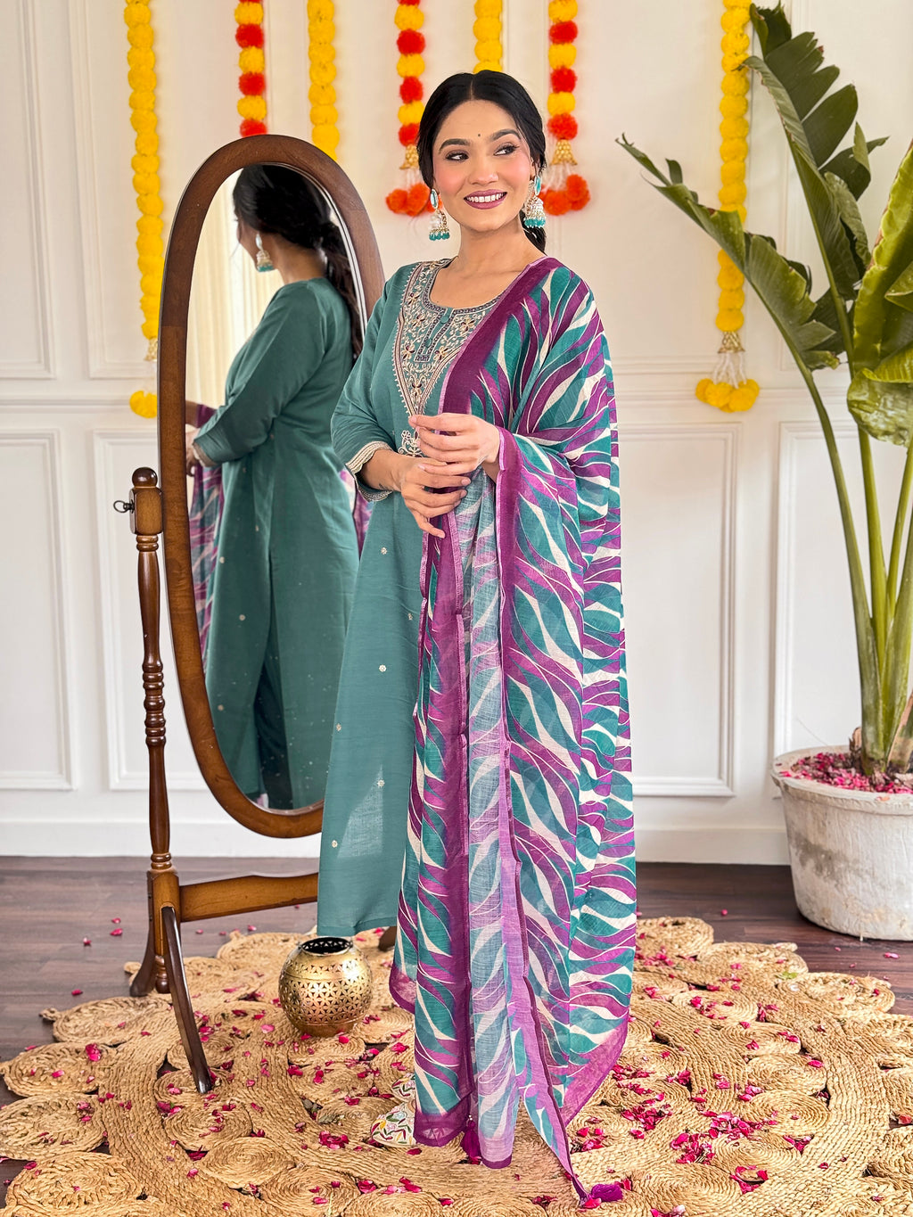 Embroidered Teal Kurta Set with Printed Linen Dupatta
