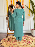 Embroidered Teal Kurta Set with Printed Linen Dupatta