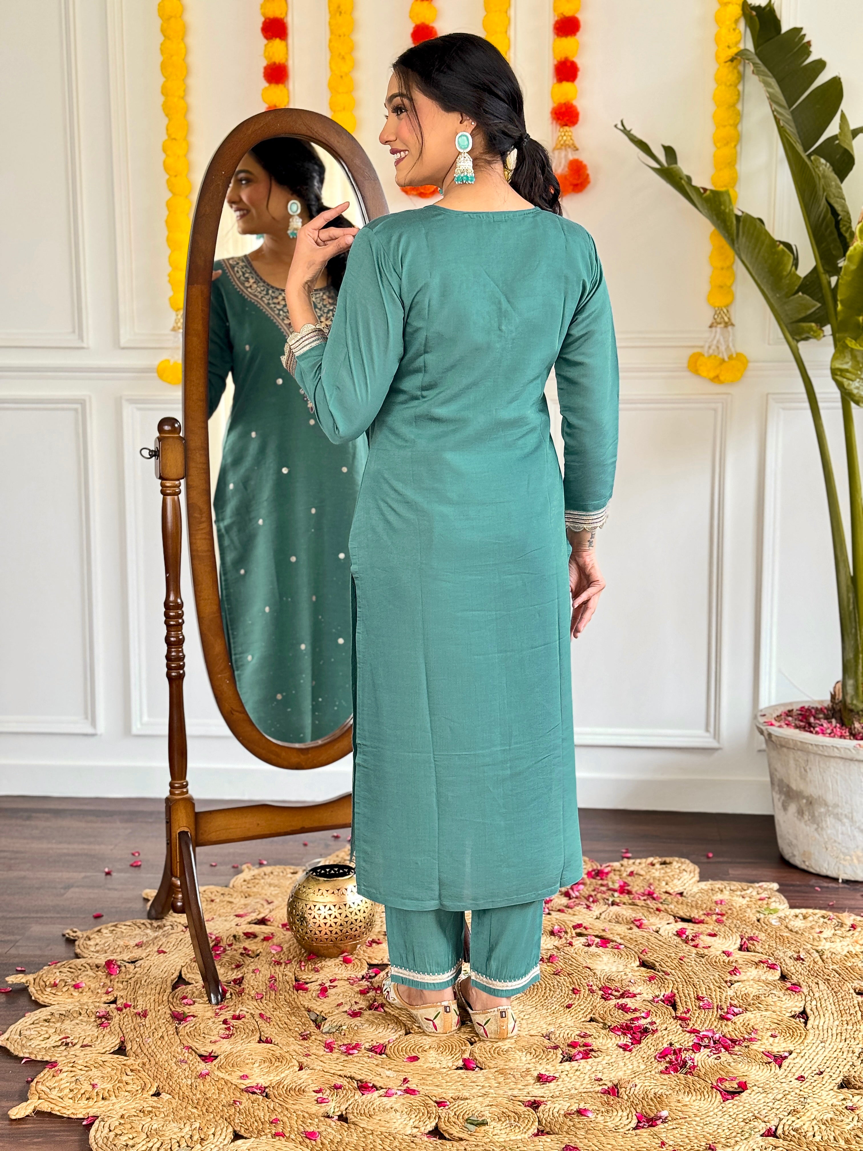 Embroidered Teal Kurta Set with Printed Linen Dupatta