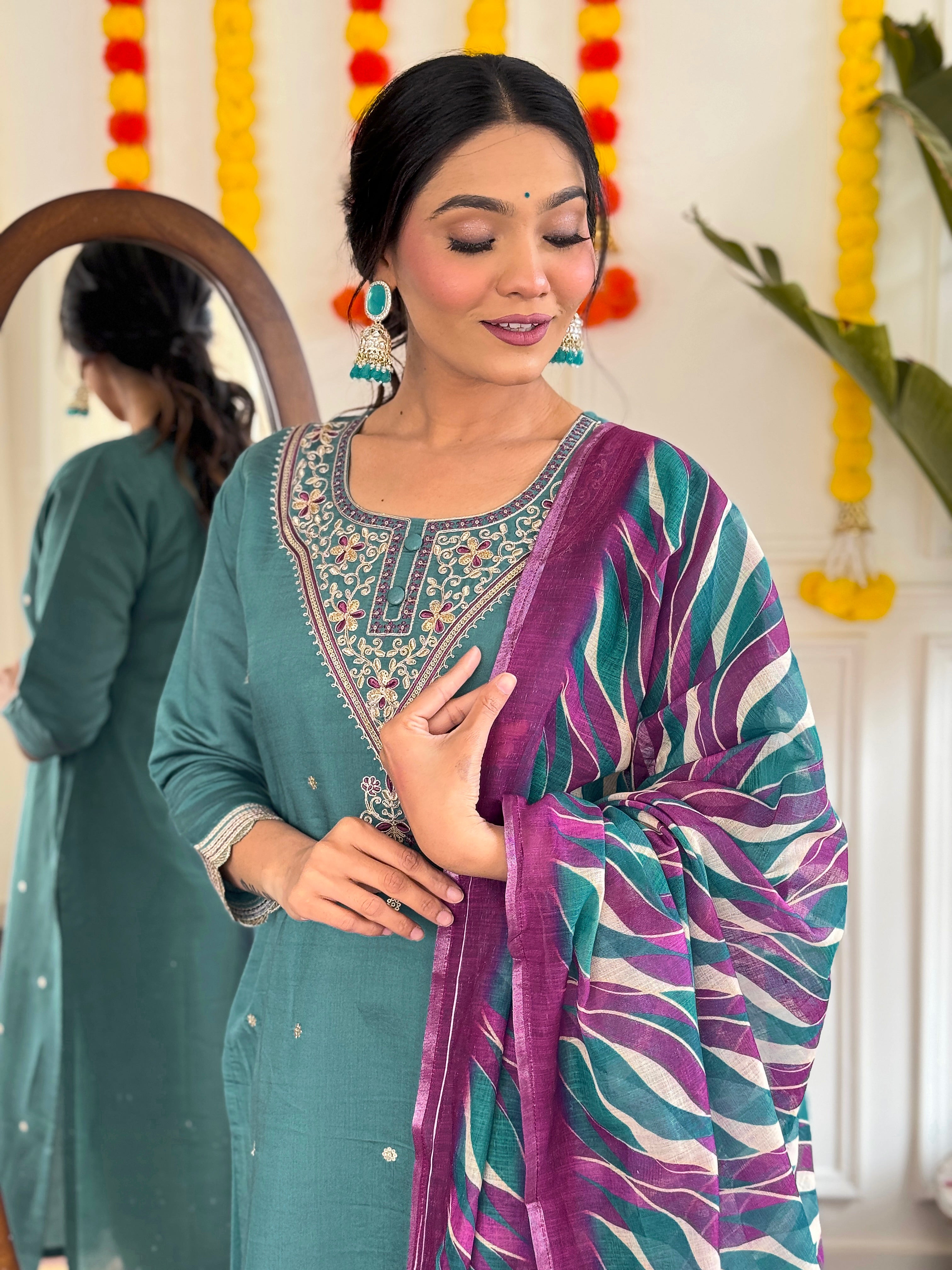 Embroidered Teal Kurta Set with Printed Linen Dupatta
