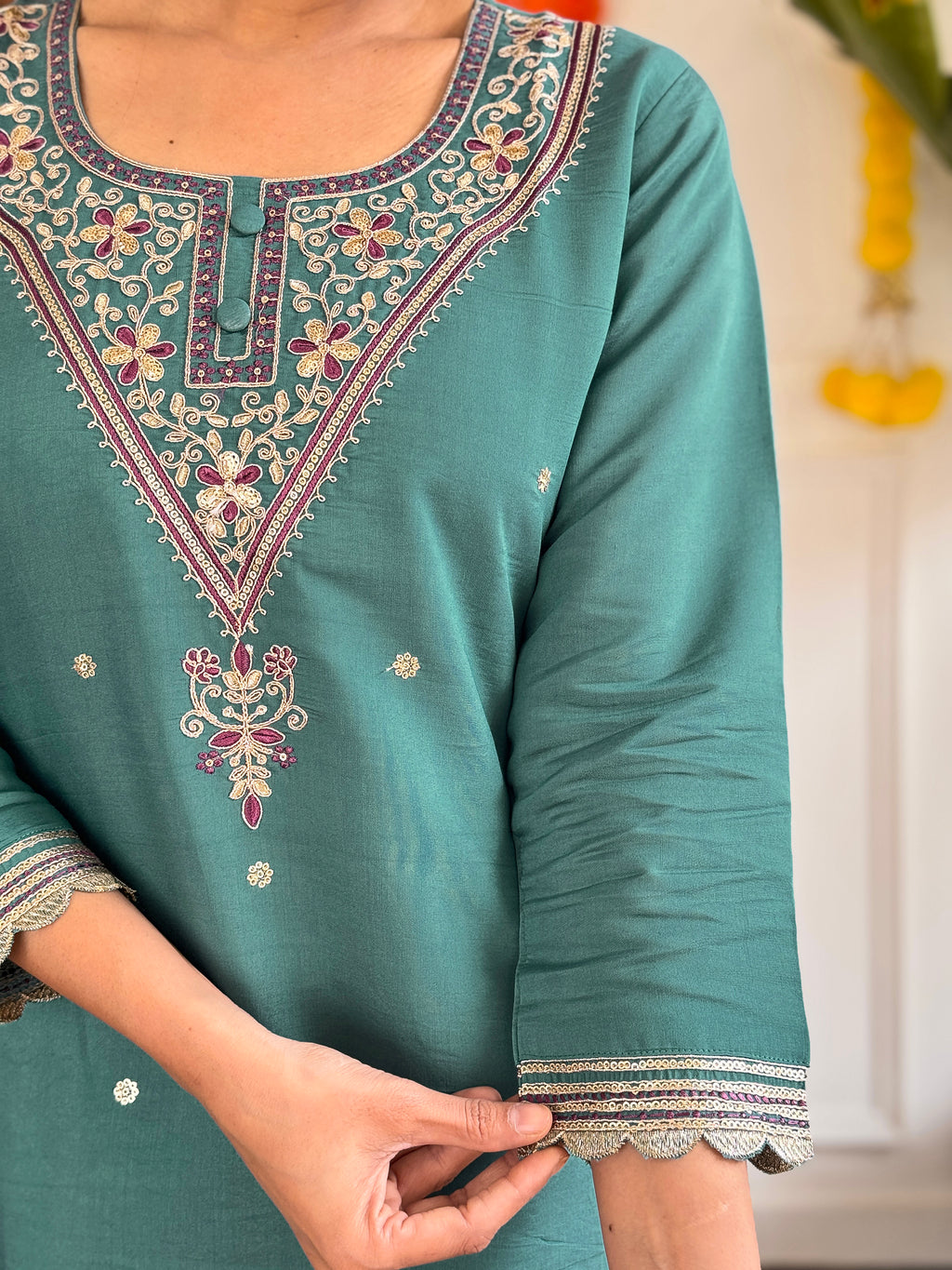 Embroidered Teal Kurta Set with Printed Linen Dupatta