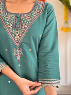 Embroidered Teal Kurta Set with Printed Linen Dupatta