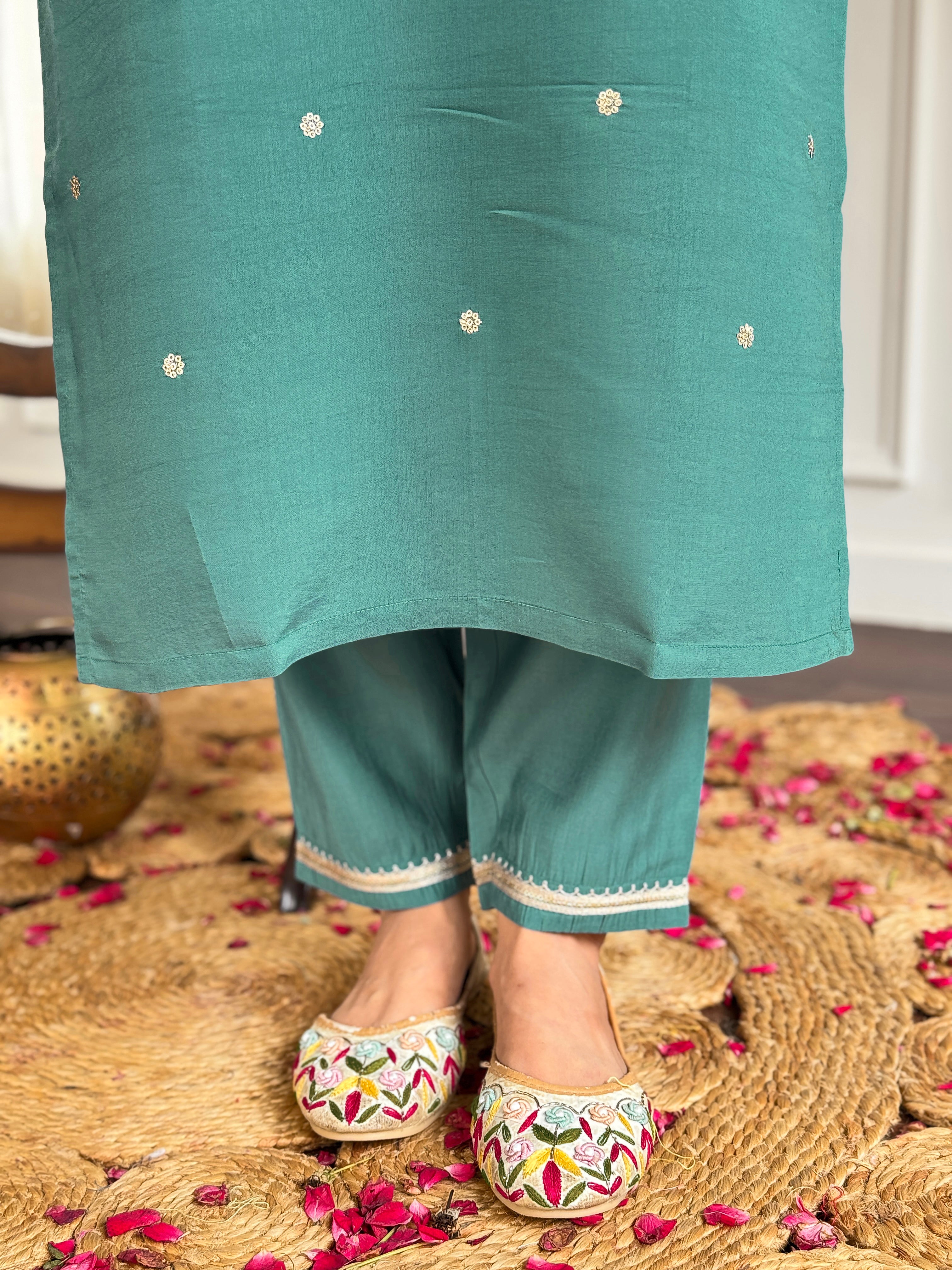 Embroidered Teal Kurta Set with Printed Linen Dupatta
