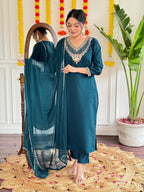 Embroidered Teal Kurta Set with Jacquard Dupatta