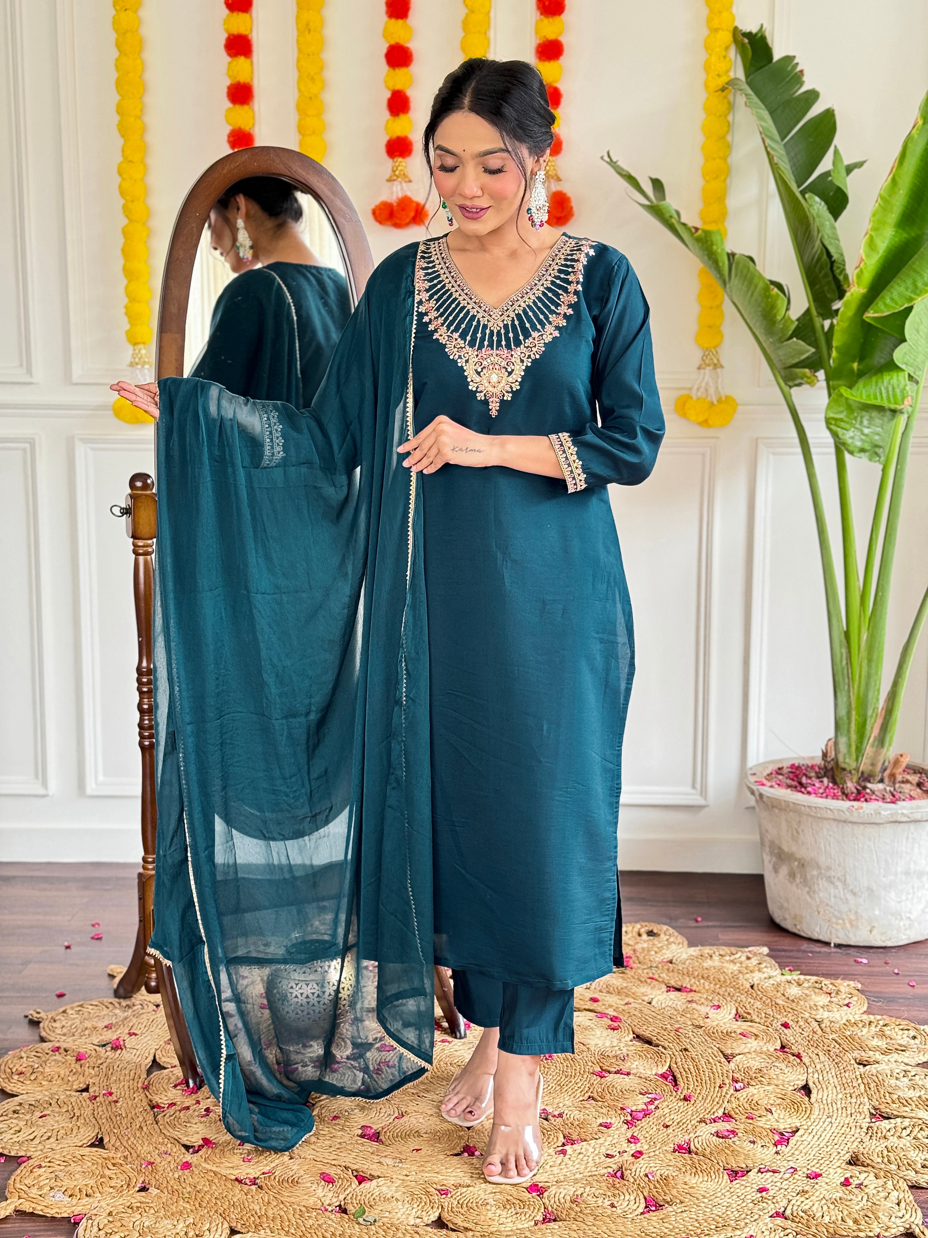 Embroidered Teal Kurta Set with Jacquard Dupatta