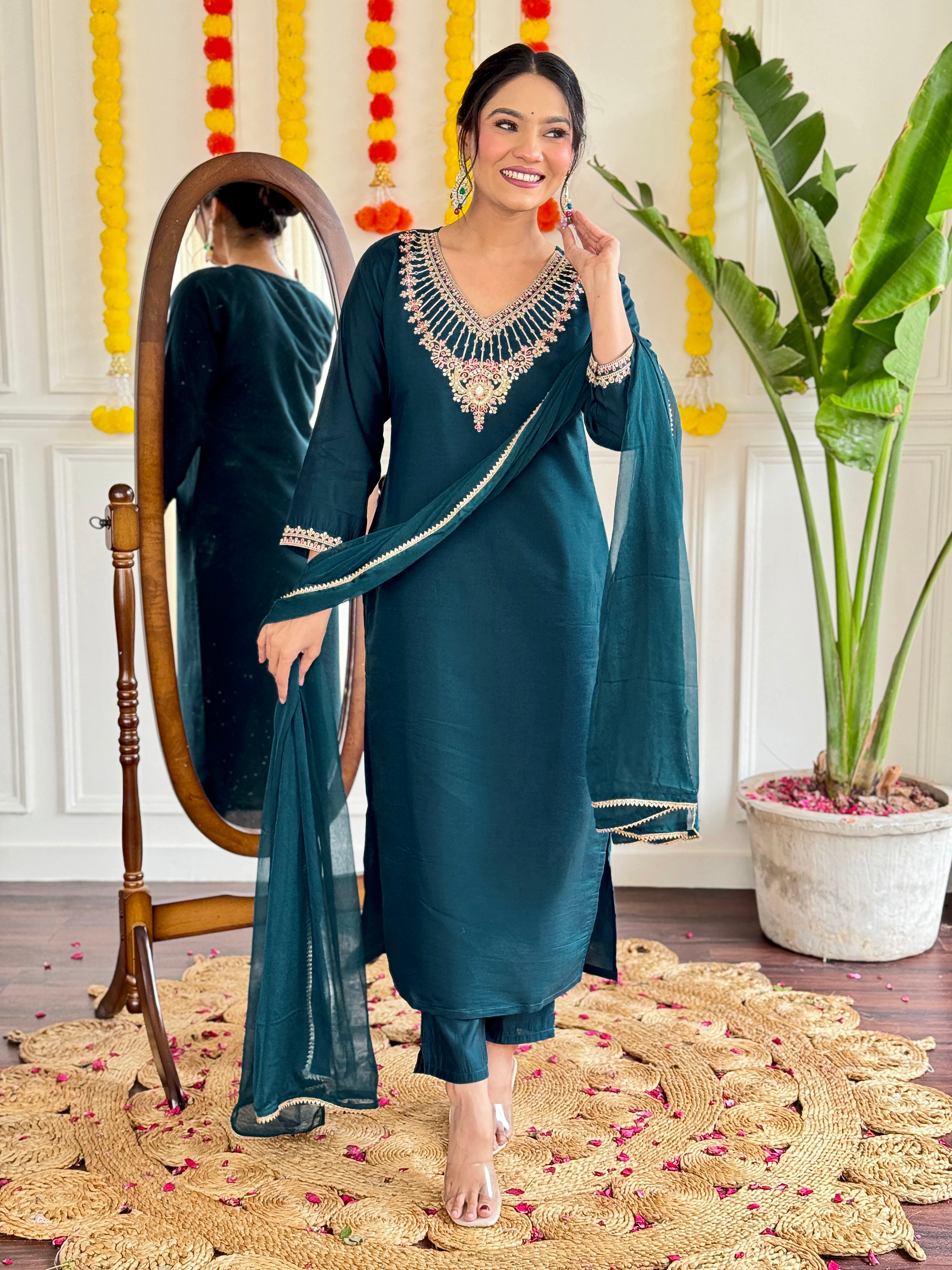 Embroidered Teal Kurta Set with Jacquard Dupatta