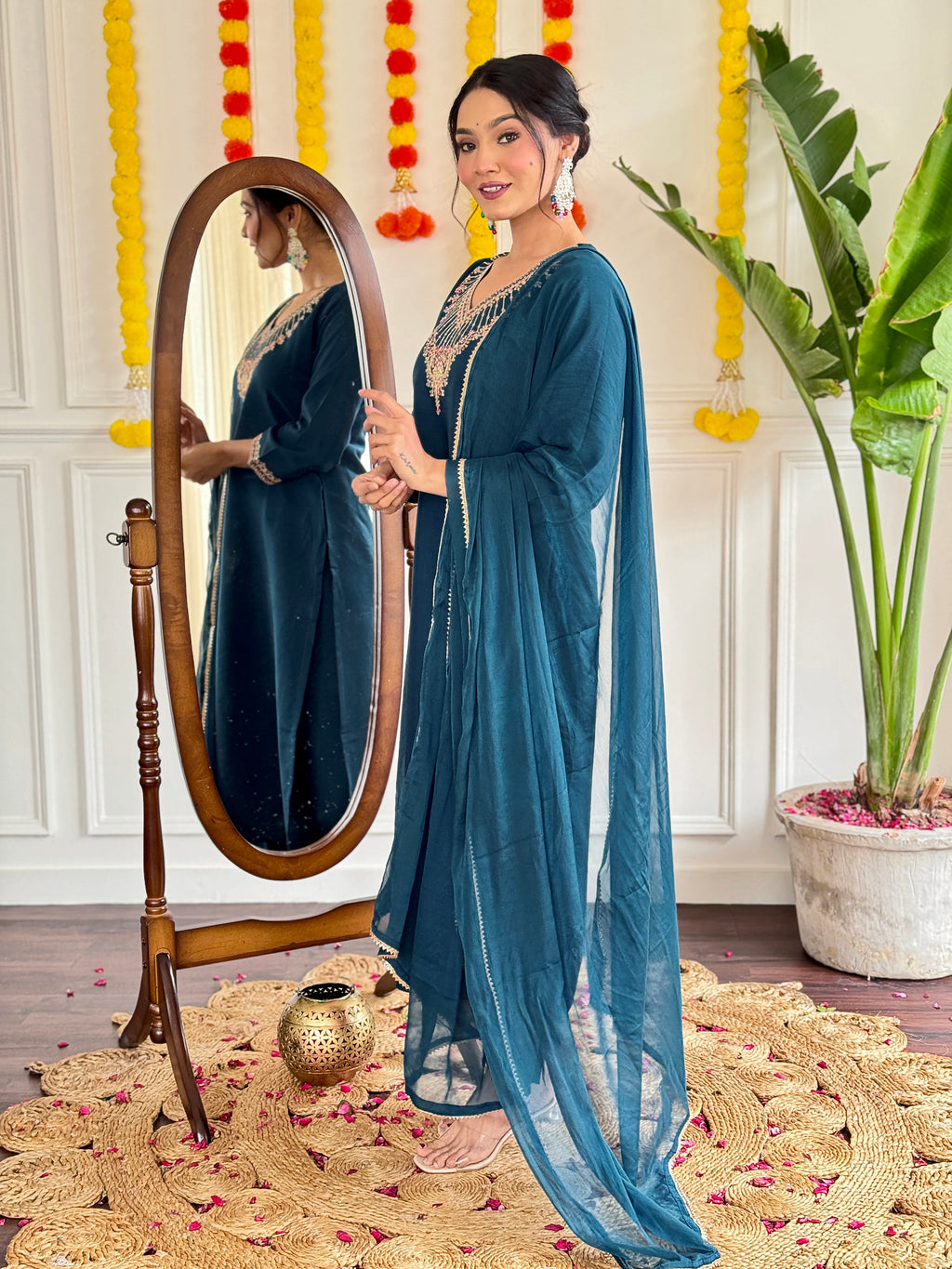 Embroidered Teal Kurta Set with Jacquard Dupatta