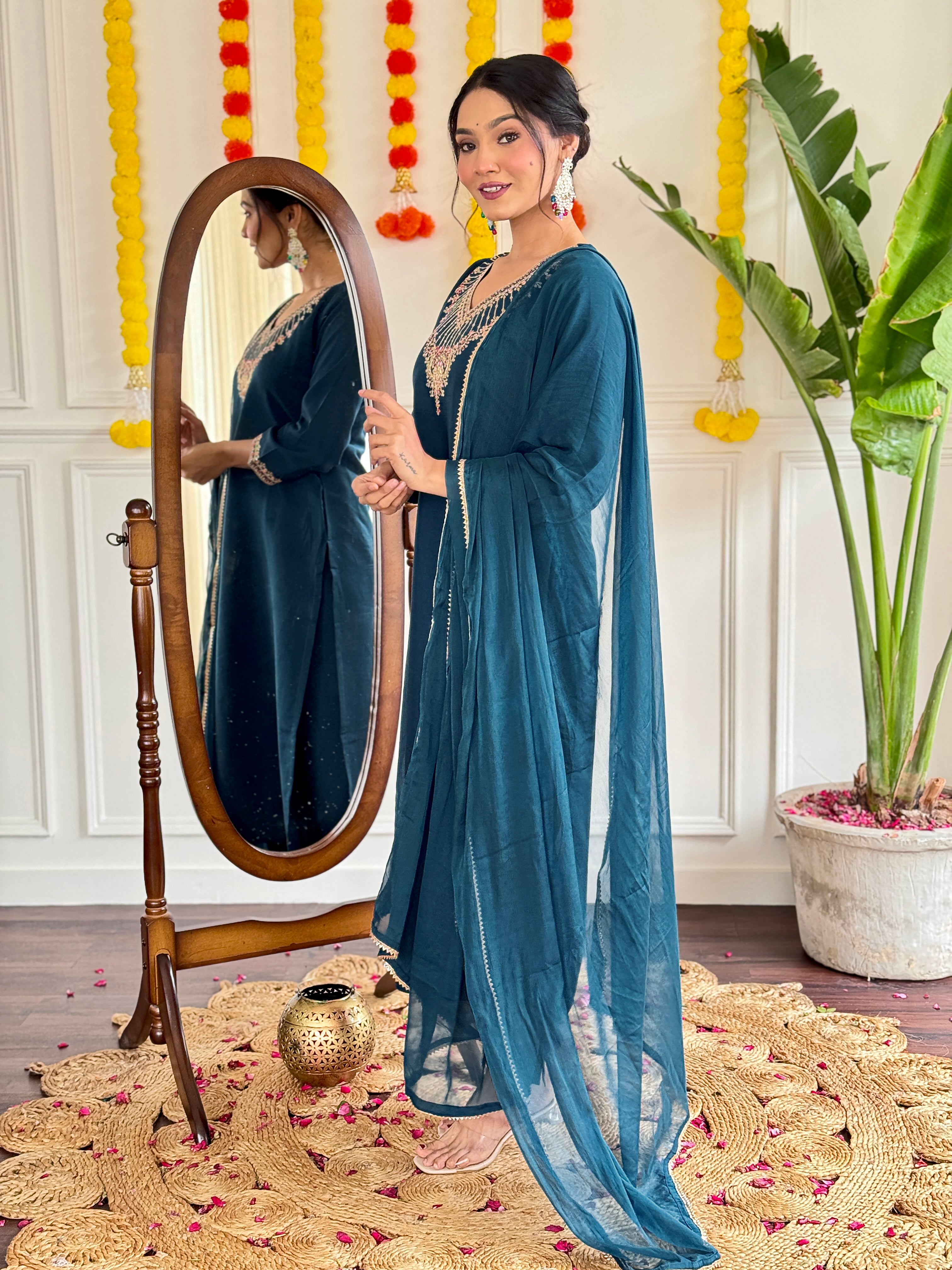 Embroidered Teal Kurta Set with Jacquard Dupatta