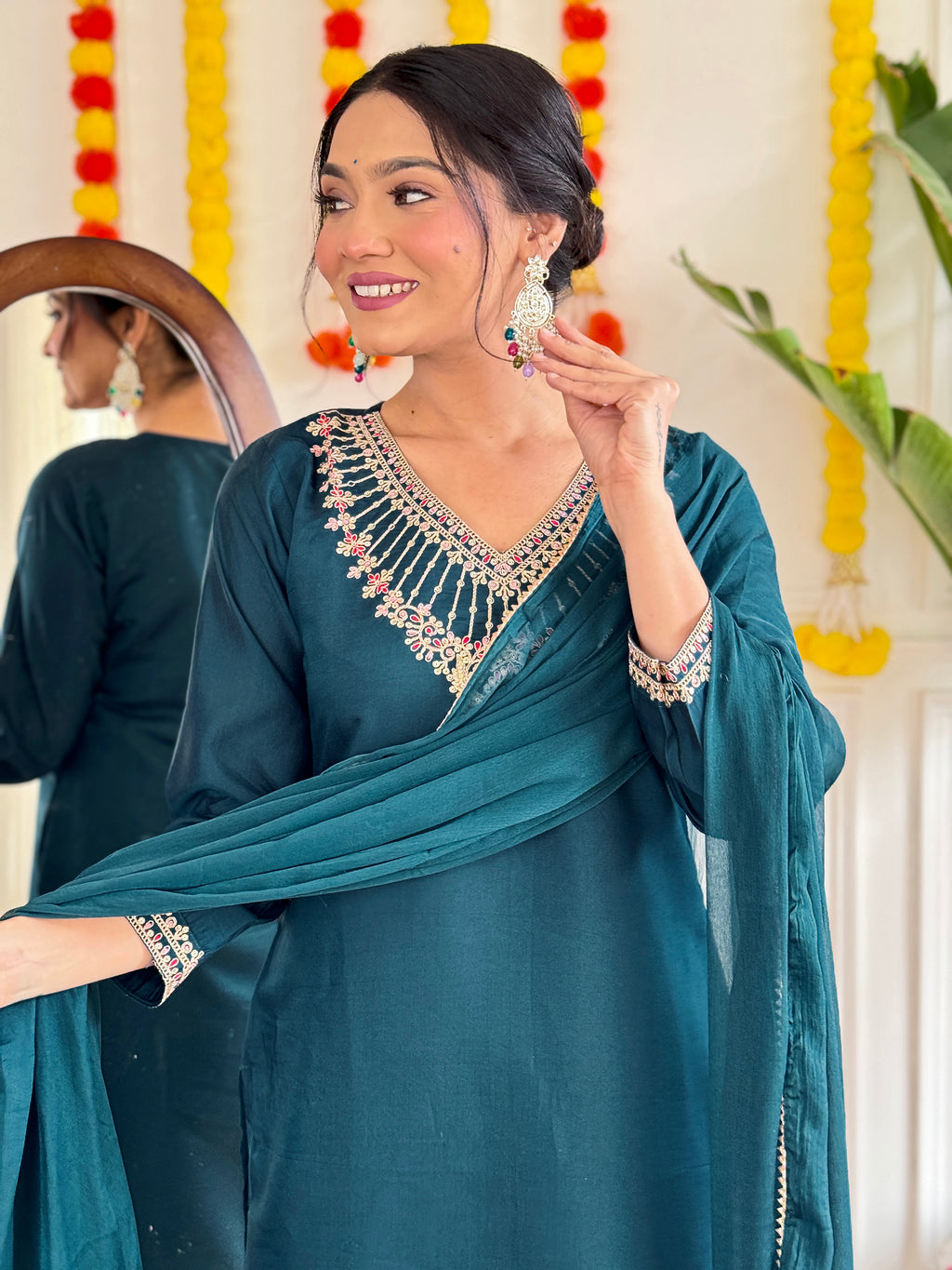 Embroidered Teal Kurta Set with Jacquard Dupatta