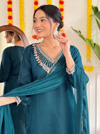 Embroidered Teal Kurta Set with Jacquard Dupatta