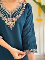 Embroidered Teal Kurta Set with Jacquard Dupatta