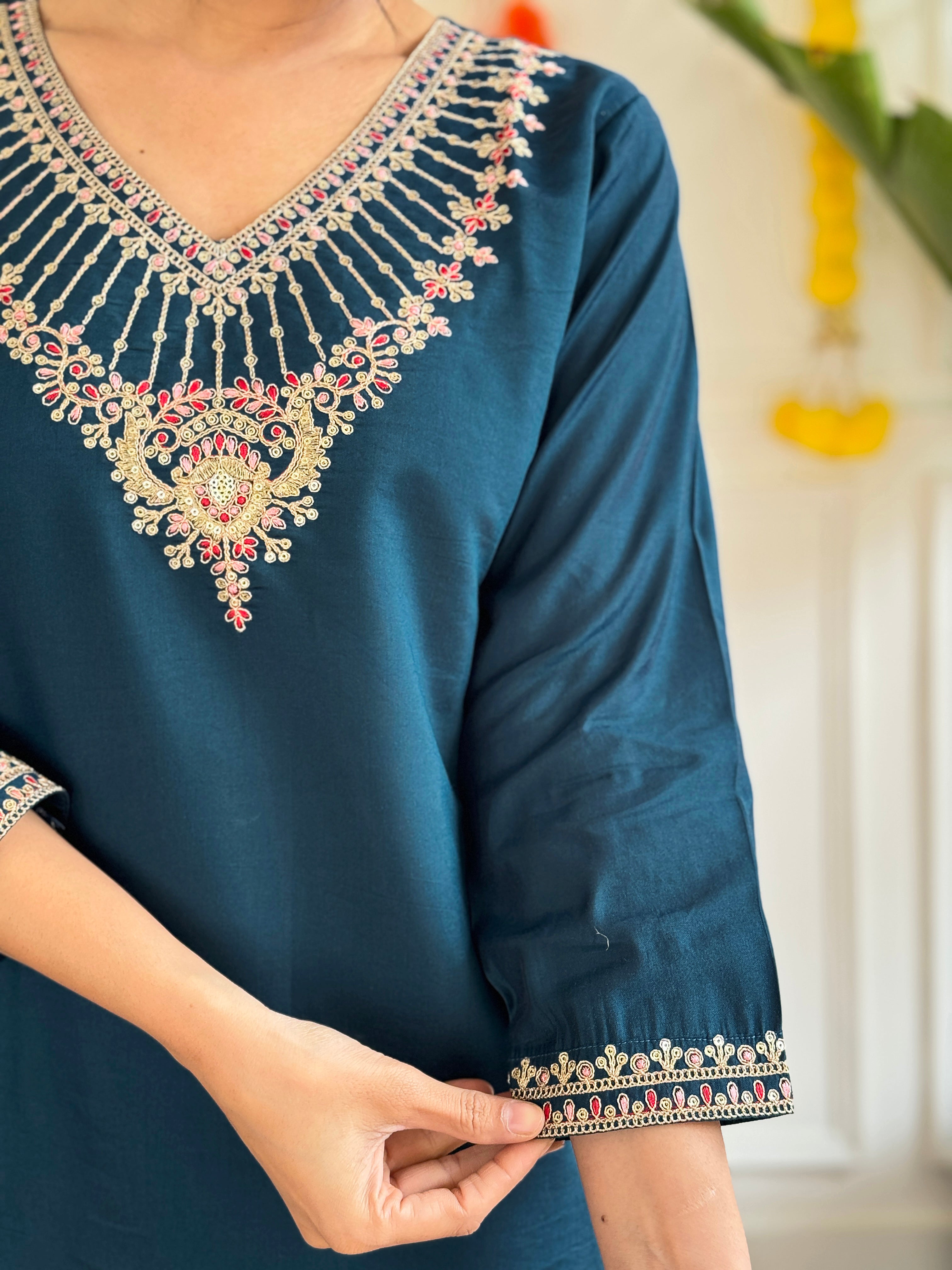 Embroidered Teal Kurta Set with Jacquard Dupatta