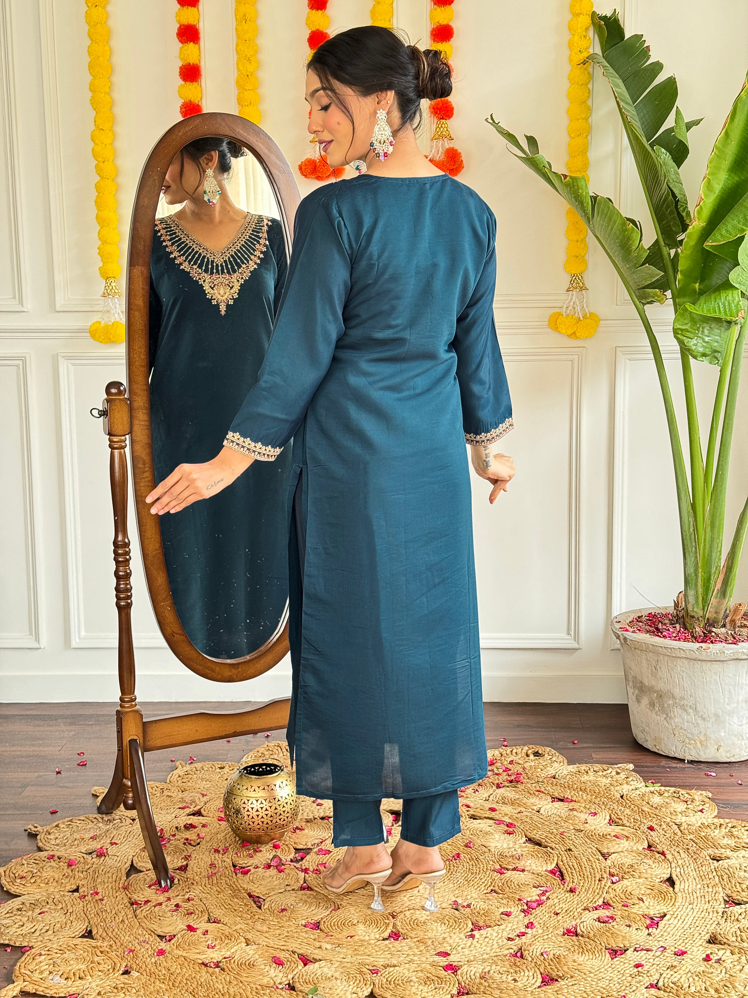 Embroidered Teal Kurta Set with Jacquard Dupatta