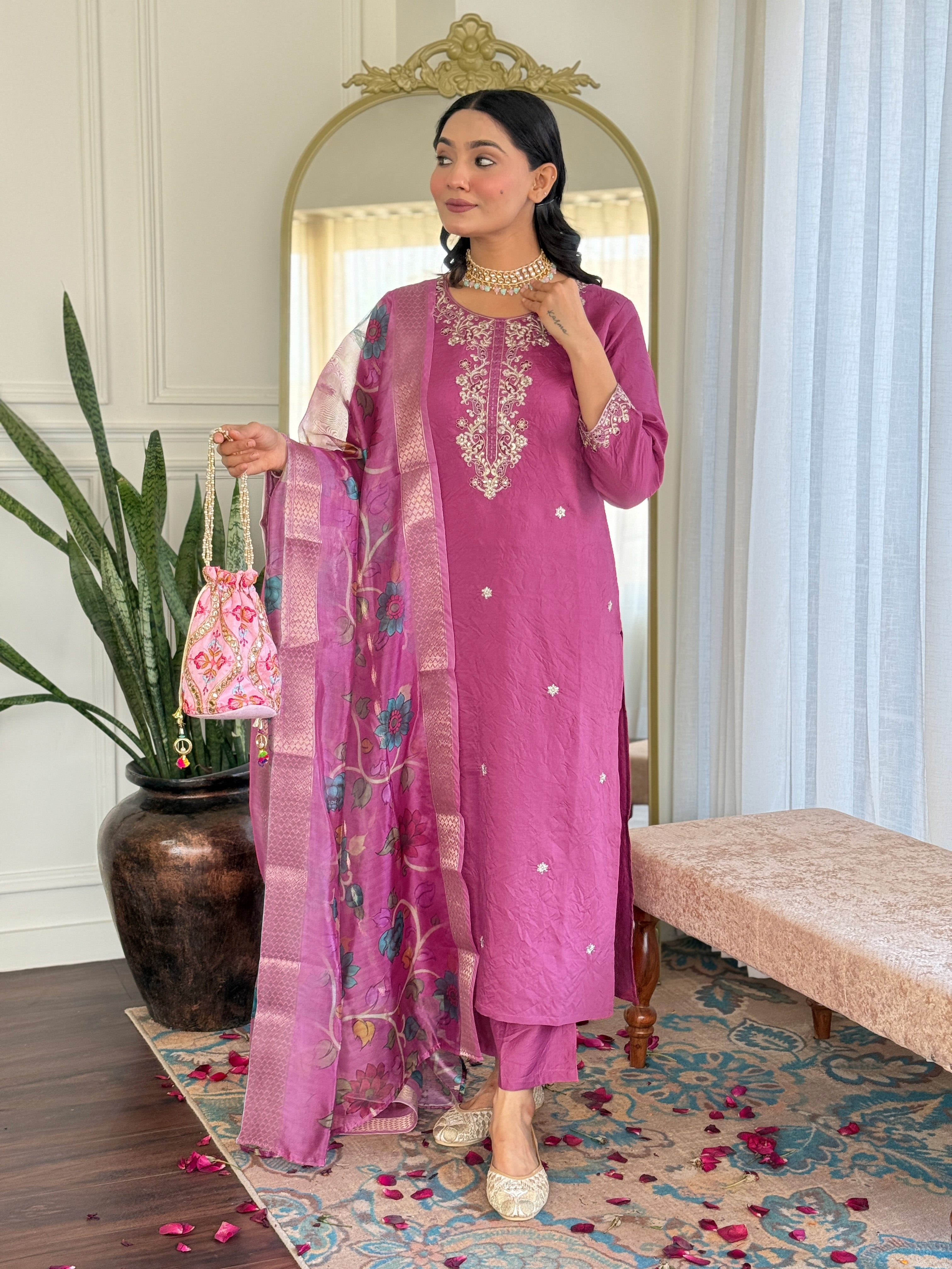 Embroidered Pink Kurta Set with Printed Jacquard Dupatta