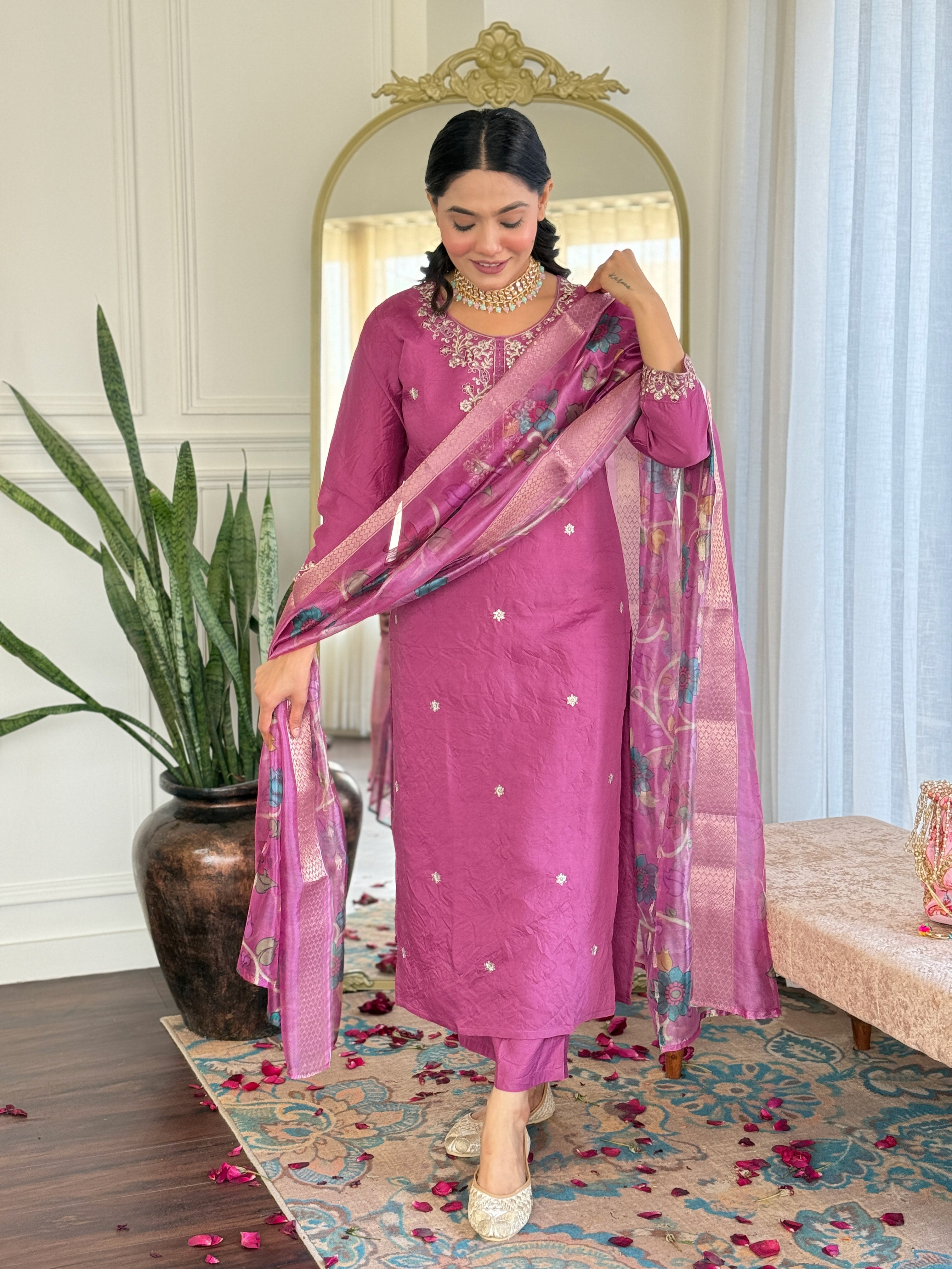Embroidered Pink Kurta Set with Printed Jacquard Dupatta