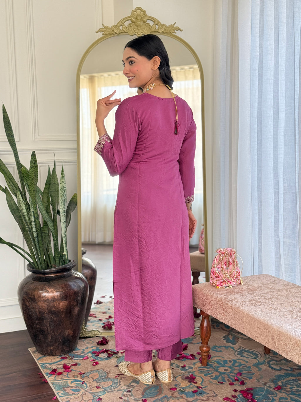 Embroidered Pink Kurta Set with Printed Jacquard Dupatta