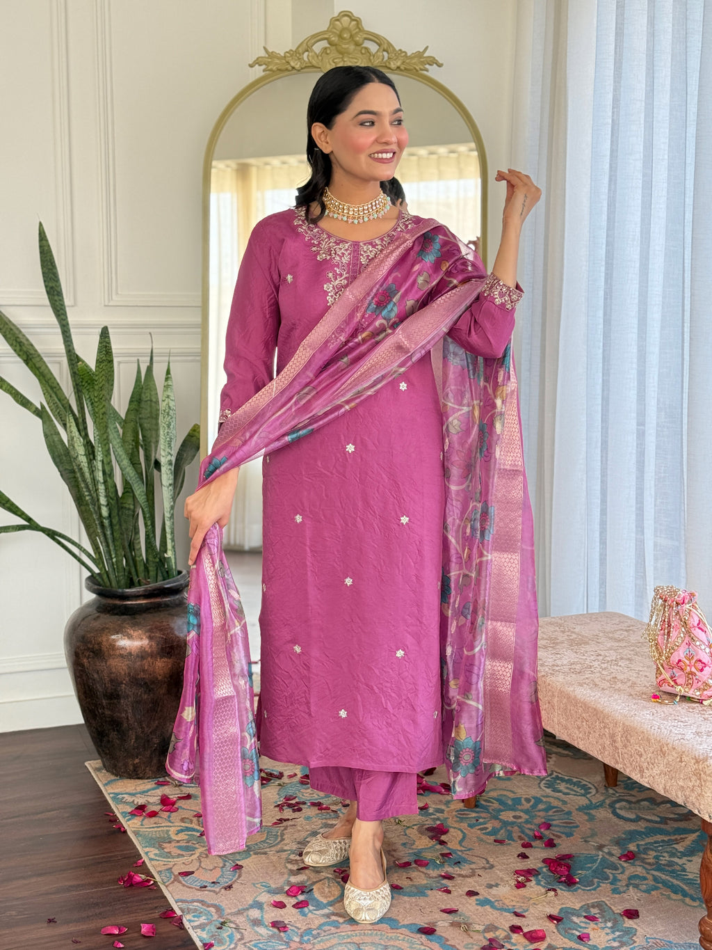 Embroidered Pink Kurta Set with Printed Jacquard Dupatta