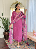 Embroidered Pink Kurta Set with Printed Jacquard Dupatta