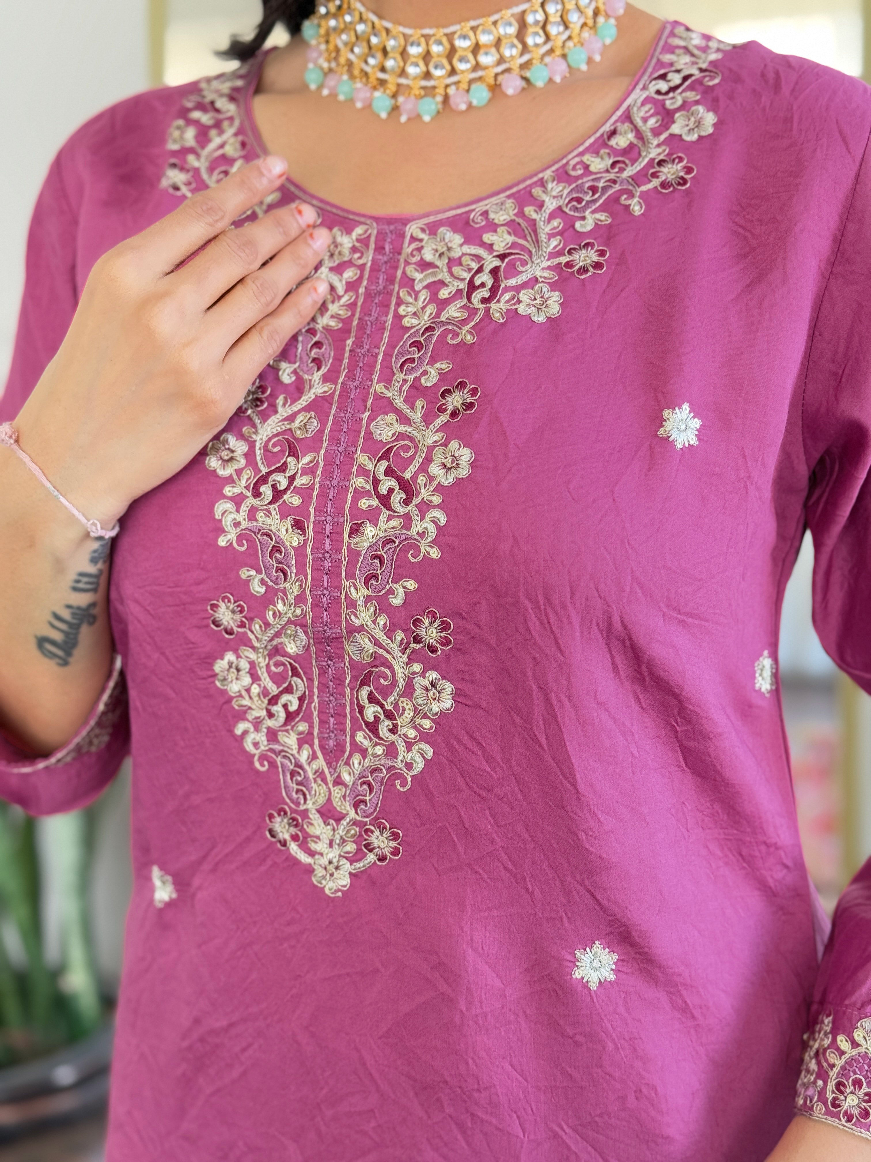 Embroidered Pink Kurta Set with Printed Jacquard Dupatta